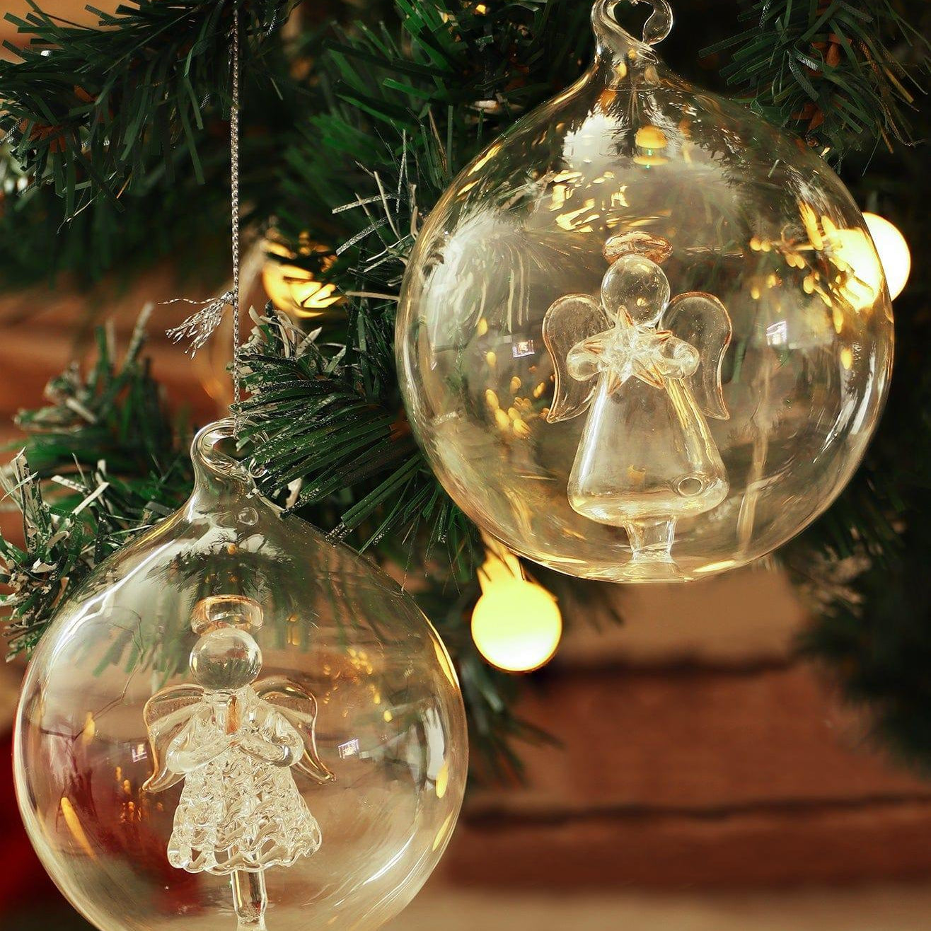 Set of 2 Hand-Blown Glass Angel Christmas Tree Baubles Clear Hanging Ornaments - G Decor