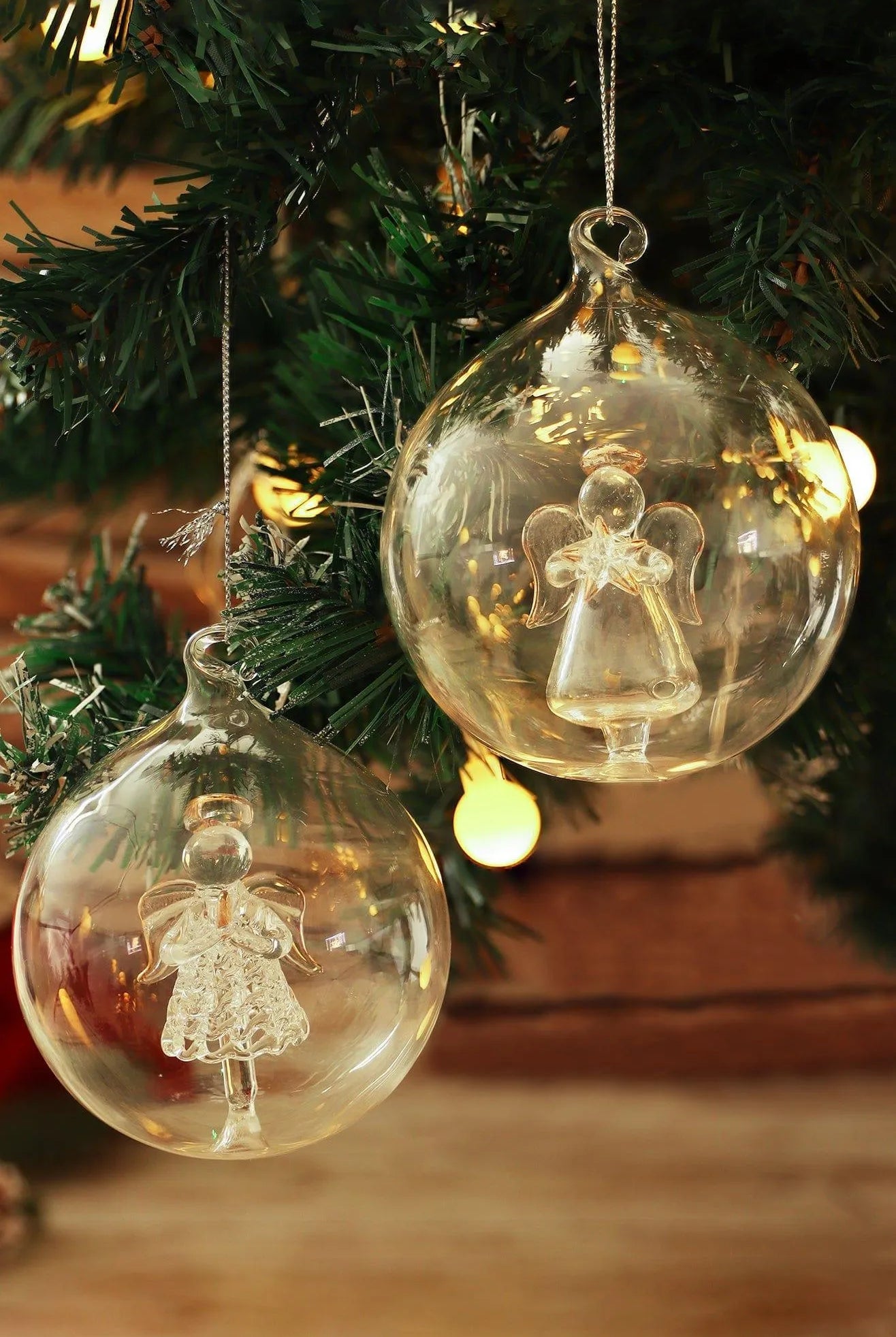 Set of 2 Hand-Blown Glass Angel Christmas Tree Baubles Clear Hanging Ornaments - G Decor