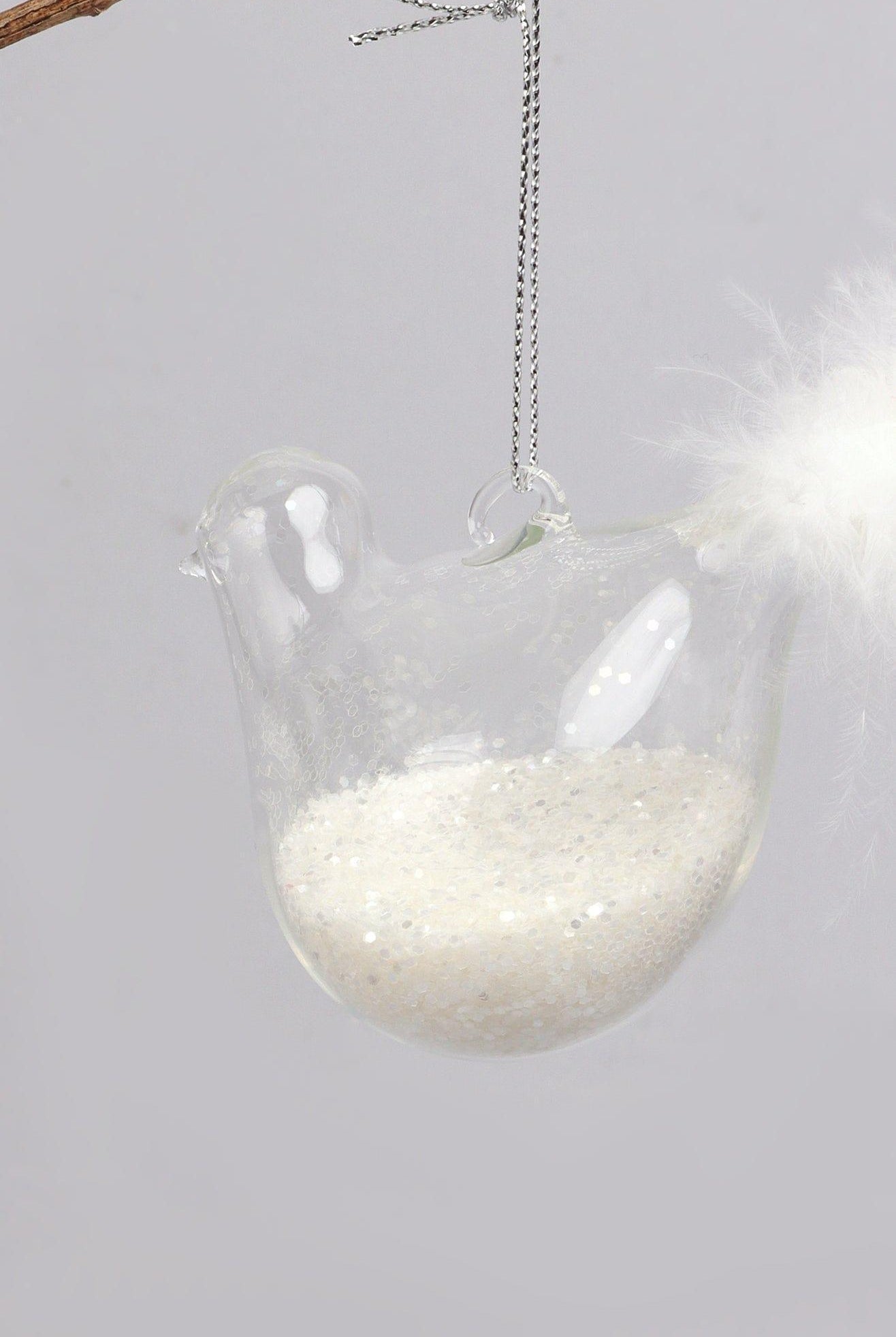 Set of 2 Hand-Blown Glass Dove Pair Birds Christmas Tree Decorations with White Feather Tails & Snow Filled Detail - G Decor