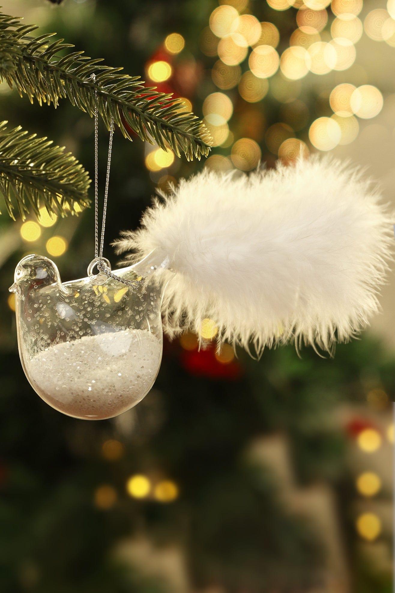 Set of 2 Hand-Blown Glass Dove Pair Birds Christmas Tree Decorations with White Feather Tails & Snow Filled Detail - G Decor