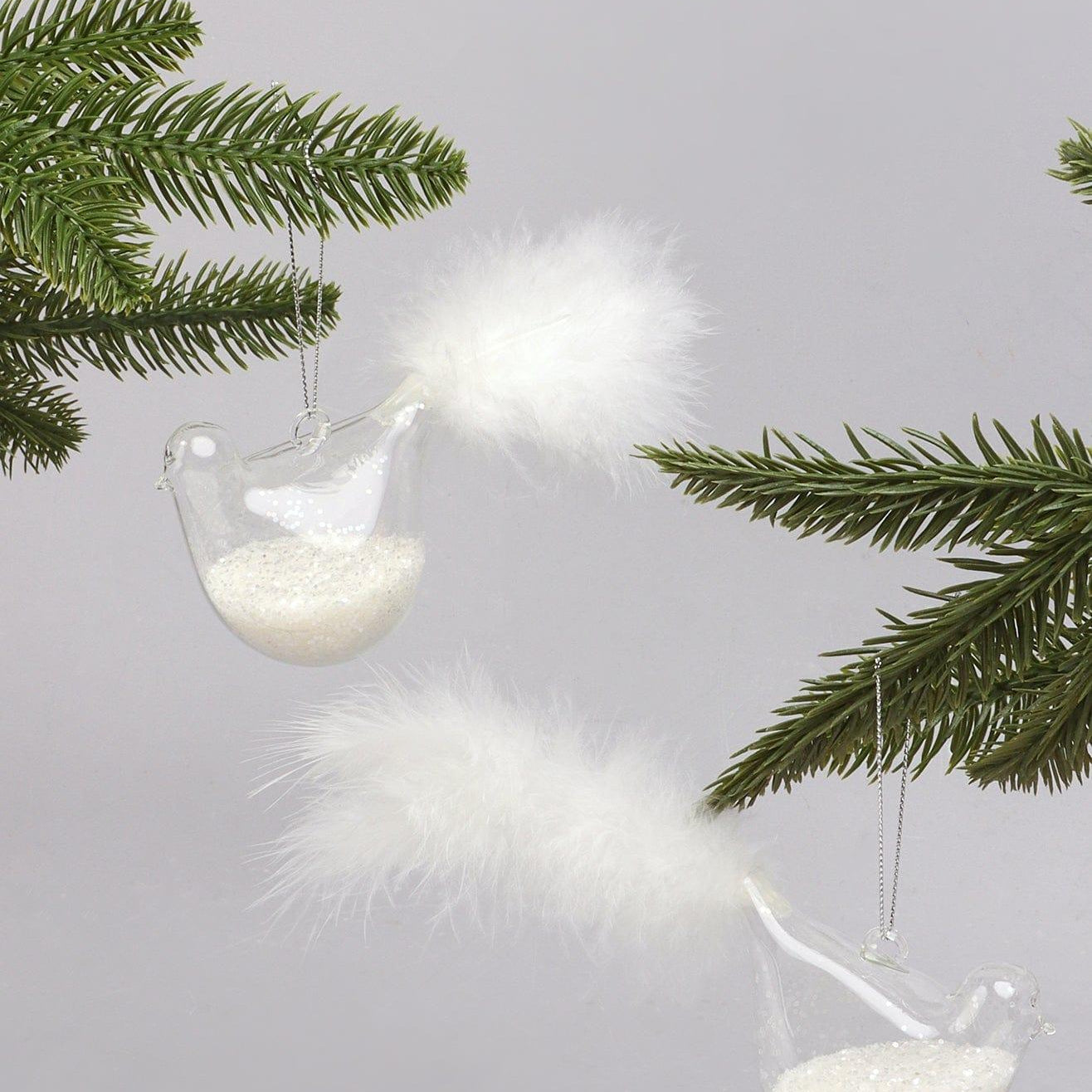 Set of 2 Hand-Blown Glass Dove Pair Birds Christmas Tree Decorations with White Feather Tails & Snow Filled Detail - G Decor