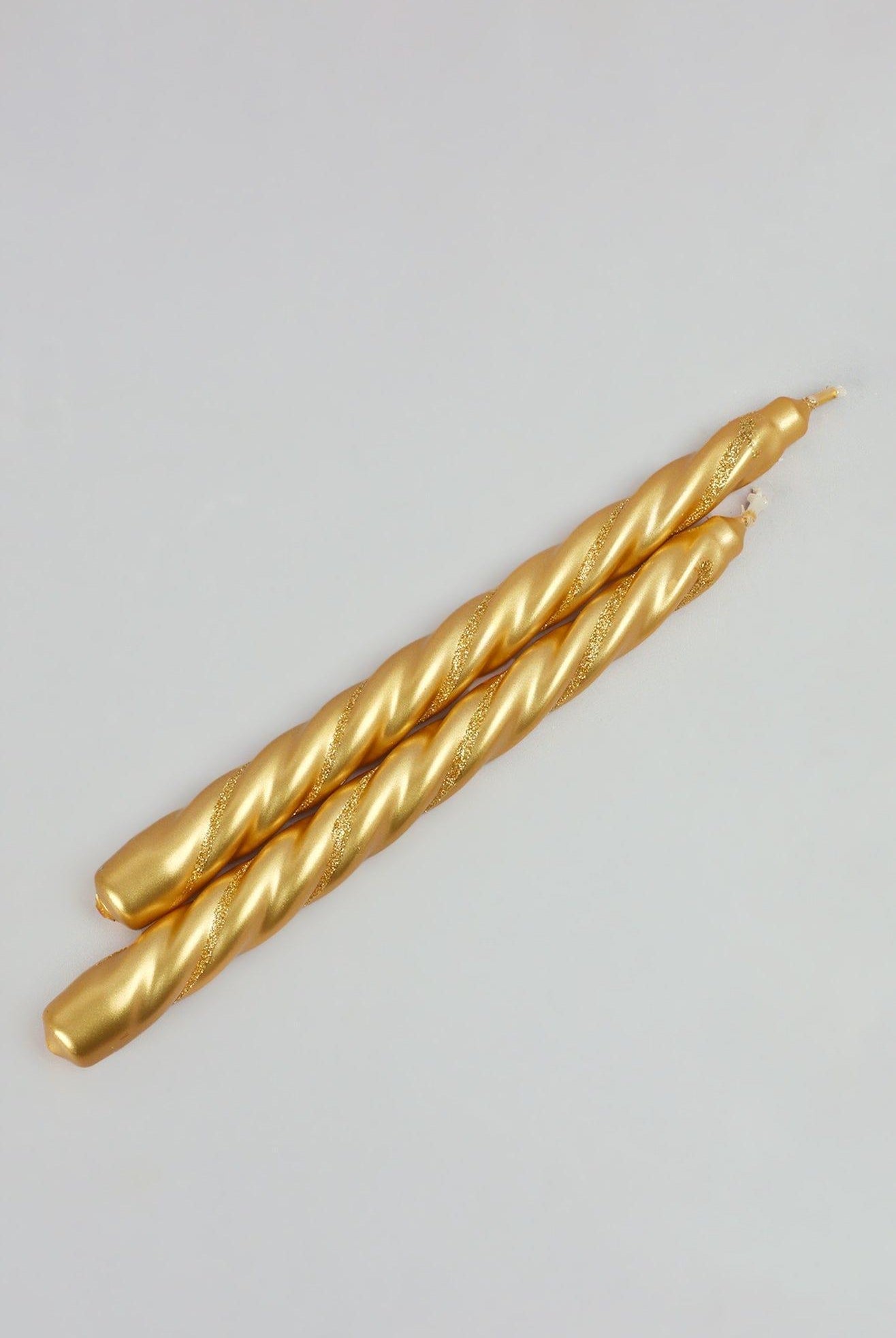 Set of 2 Handmade Maison Dorée Antique Gold Spiral Glitter Stripe Dinner & Taper Candles - G Decor