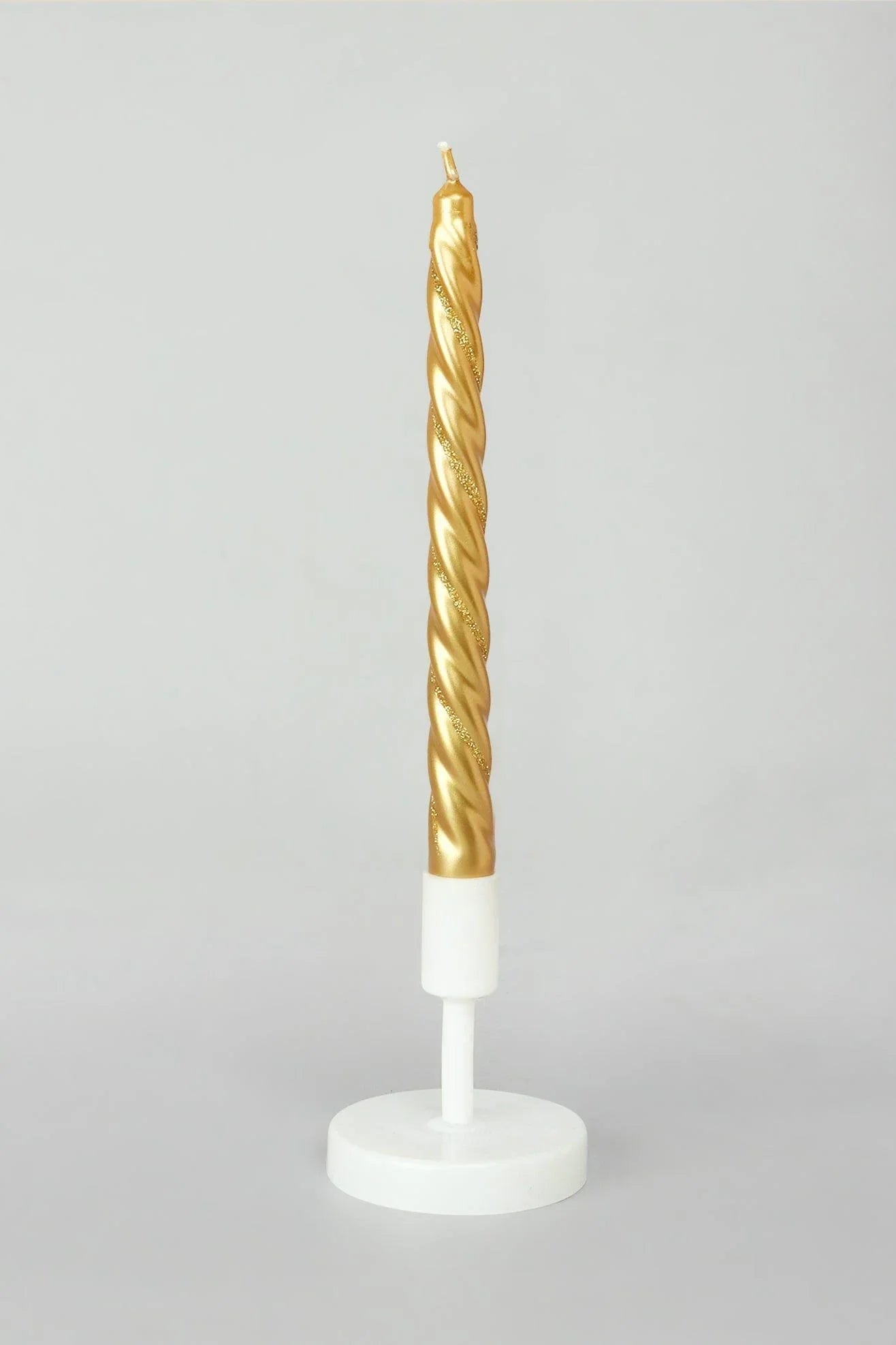Maison Dorée Pair of Antique Gold Spiral Glitter Taper Candles — close-up view, G Decor