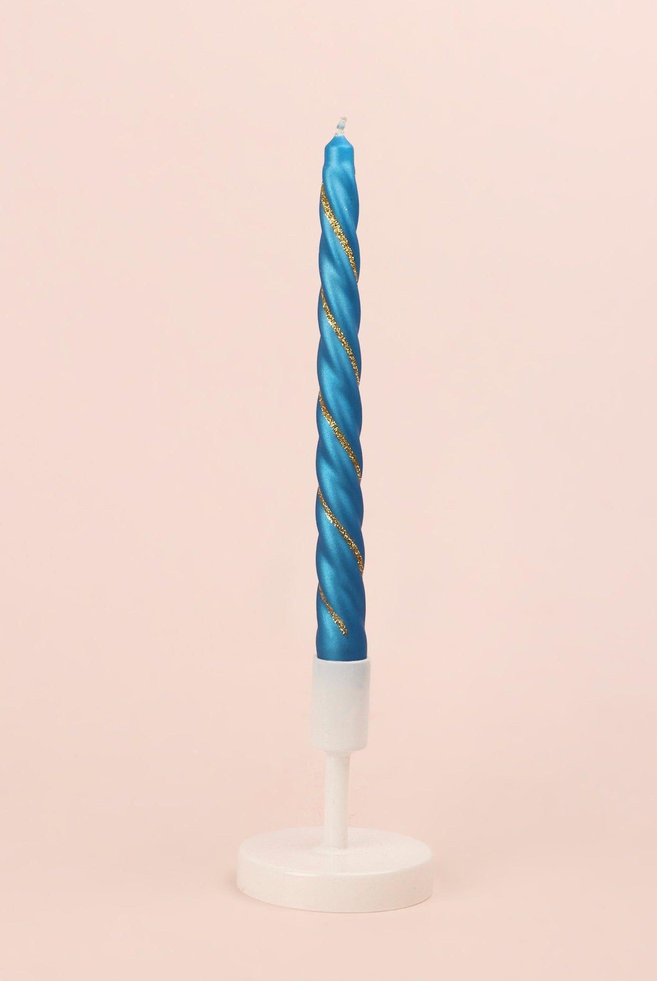 Set of 2 Handmade Maison Dorée Royal Blue Spiral Glitter Stripe Dinner & Taper Candles - G Decor