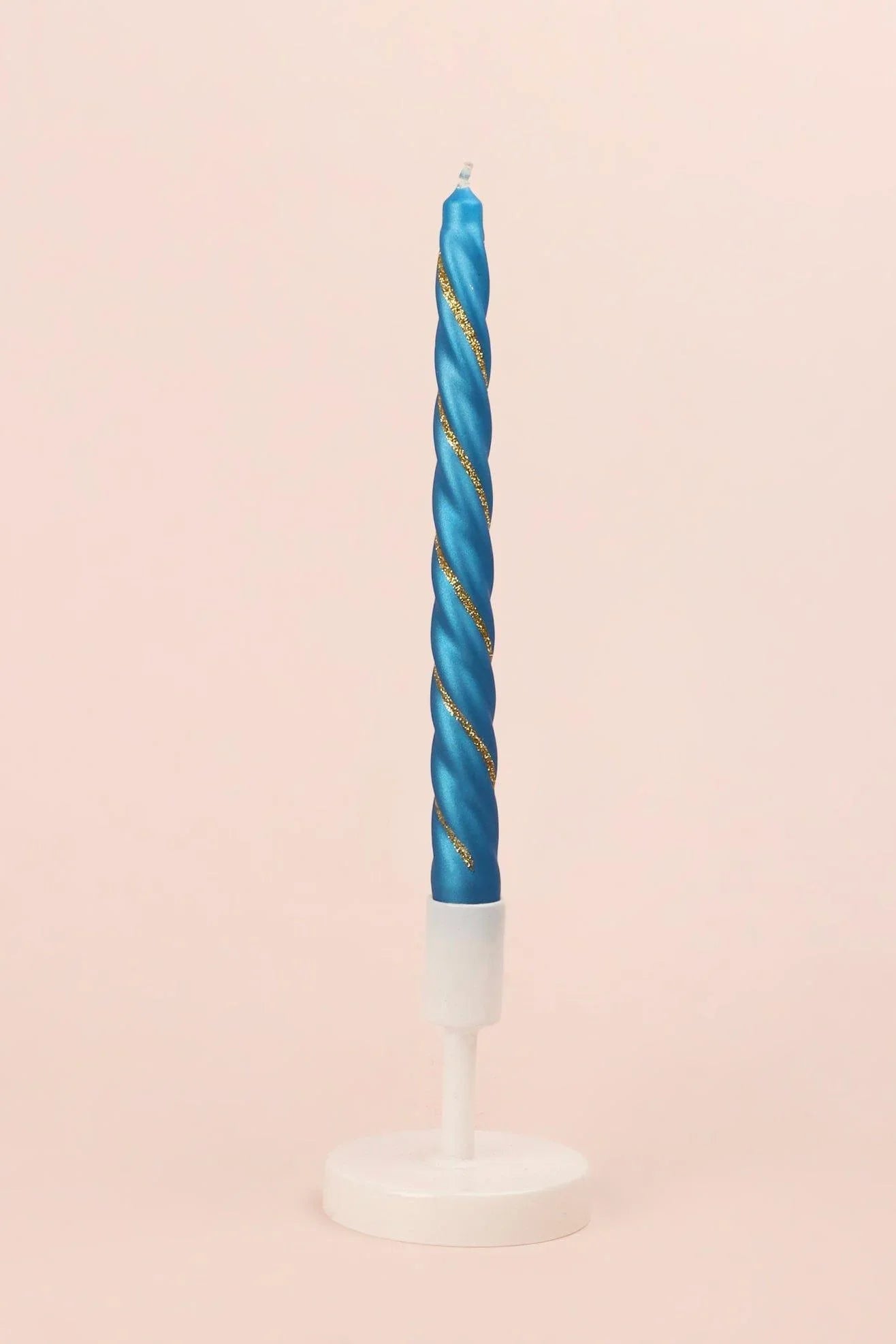 Maison Dorée Pair of Royal Blue Spiral Glitter Taper Candles — close-up view, G Decor