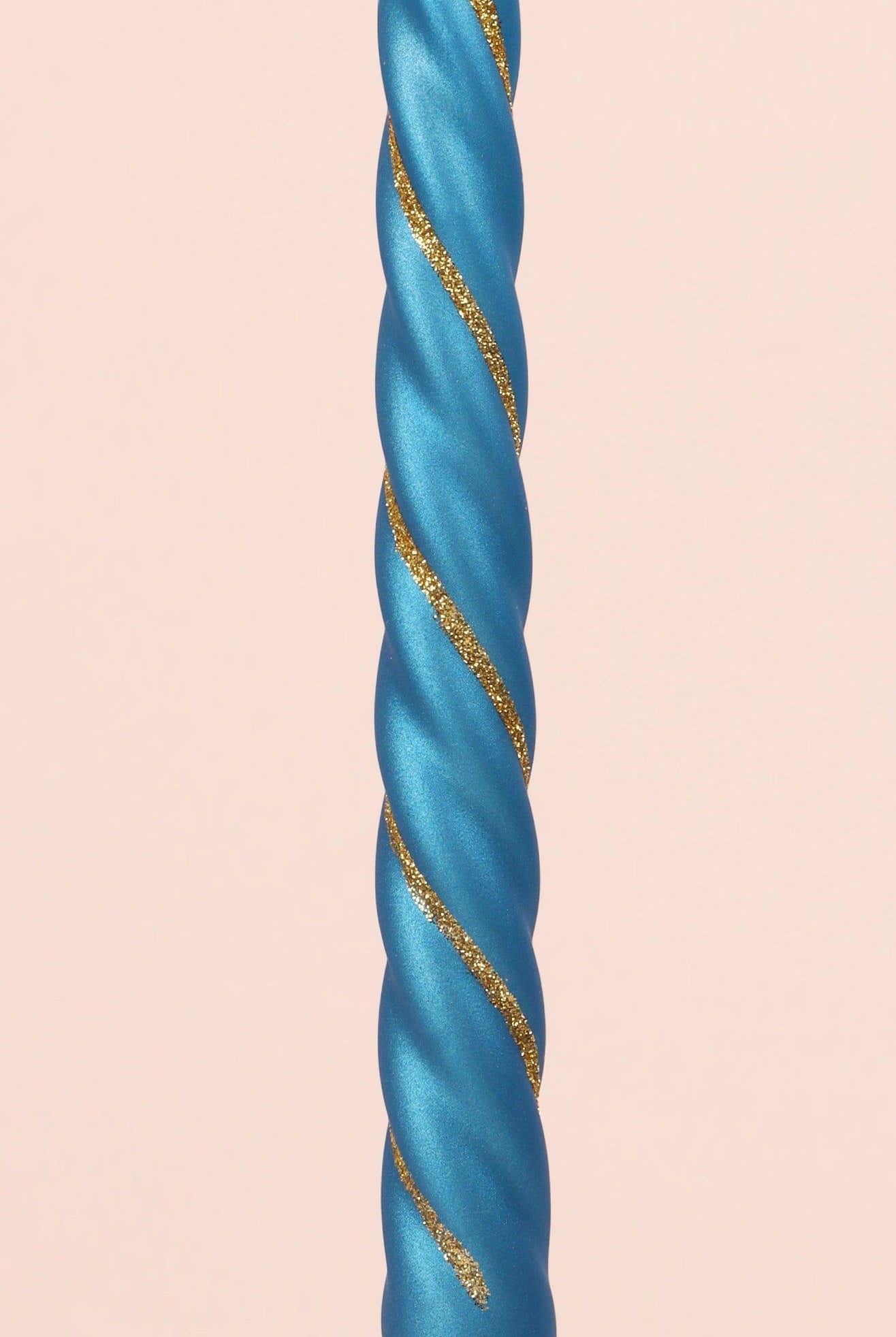 Set of 2 Handmade Maison Dorée Royal Blue Spiral Glitter Stripe Dinner & Taper Candles - G Decor