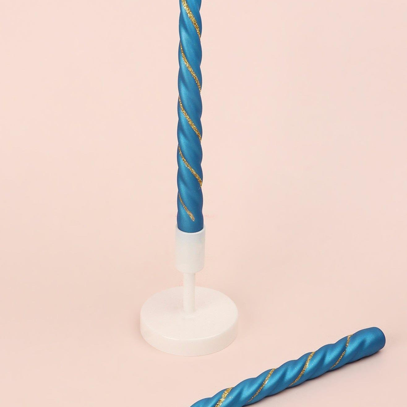 Set of 2 Handmade Maison Dorée Royal Blue Spiral Glitter Stripe Dinner & Taper Candles - G Decor