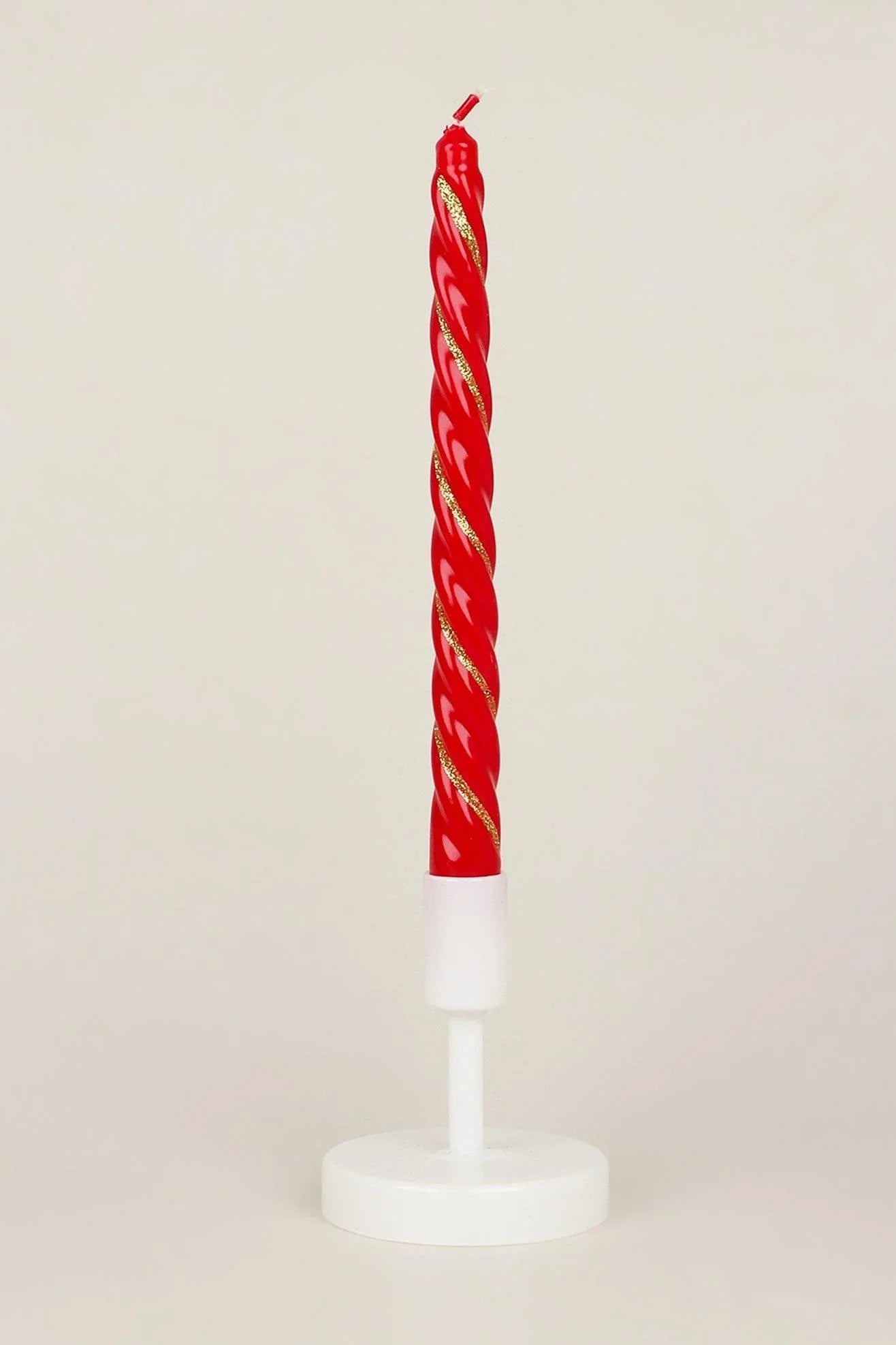 Maison Dorée Pair of Scarlet Red Spiral Glitter Taper Candles — close-up view, G Decor