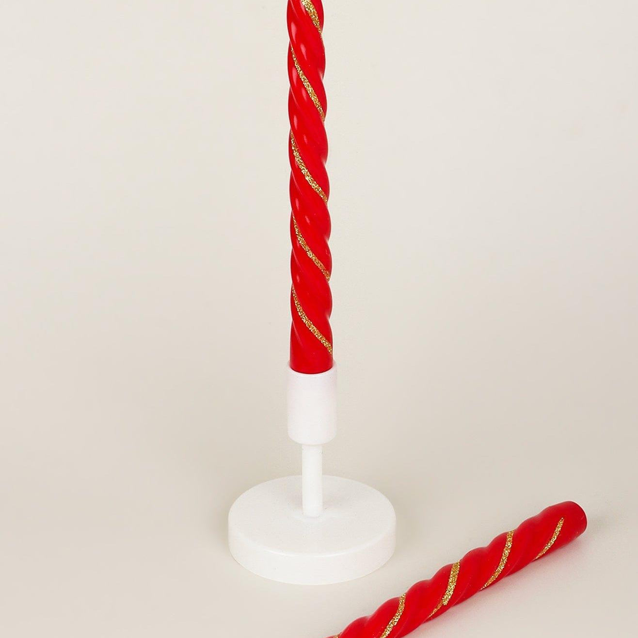 Set of 2 Handmade Maison Dorée Scarlet Red Spiral Glitter Stripe Dinner & Taper Candles - G Decor