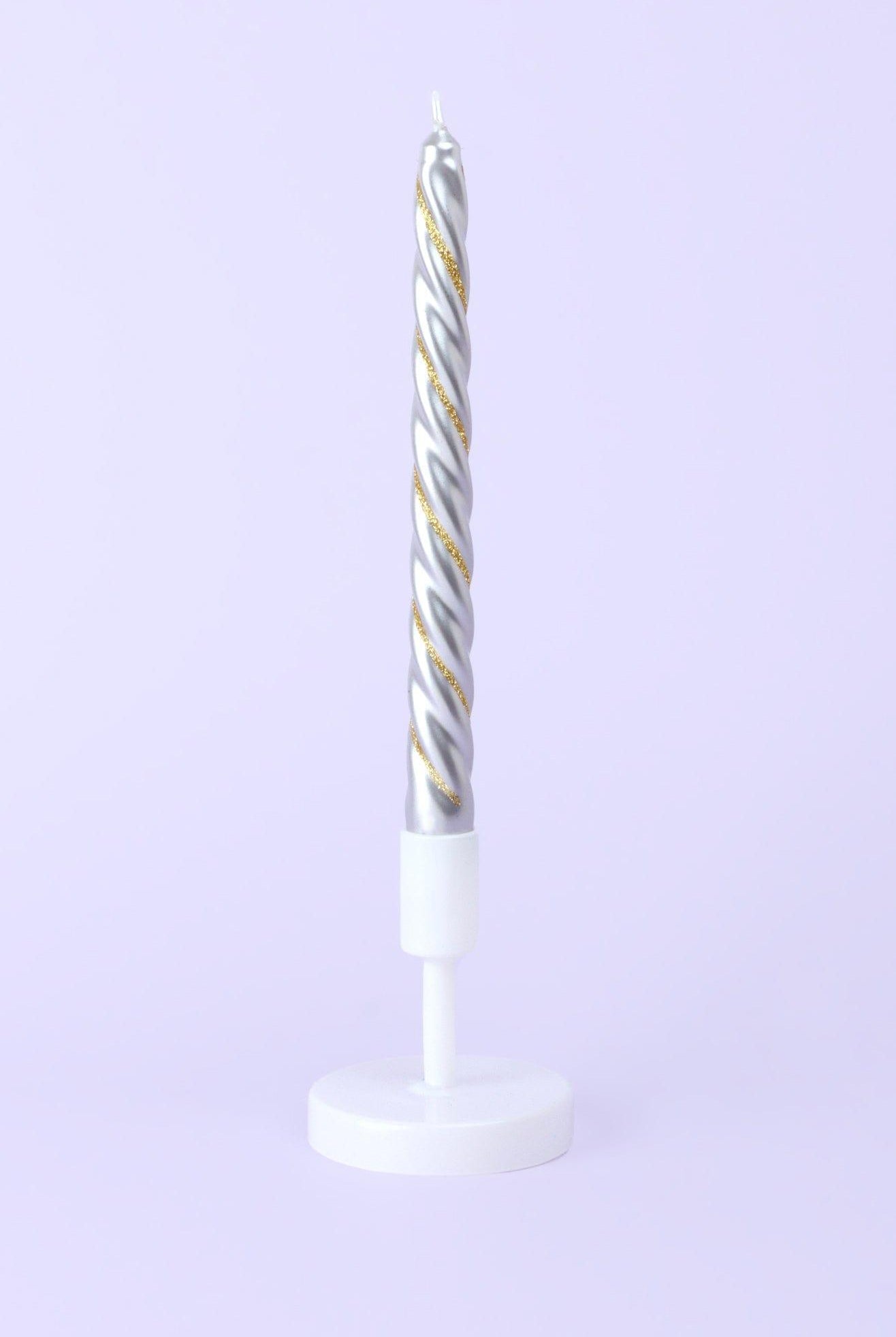 Set of 2 Handmade Maison Dorée Silver & Gold Spiral Glitter Stripe Dinner & Taper Candles - G Decor