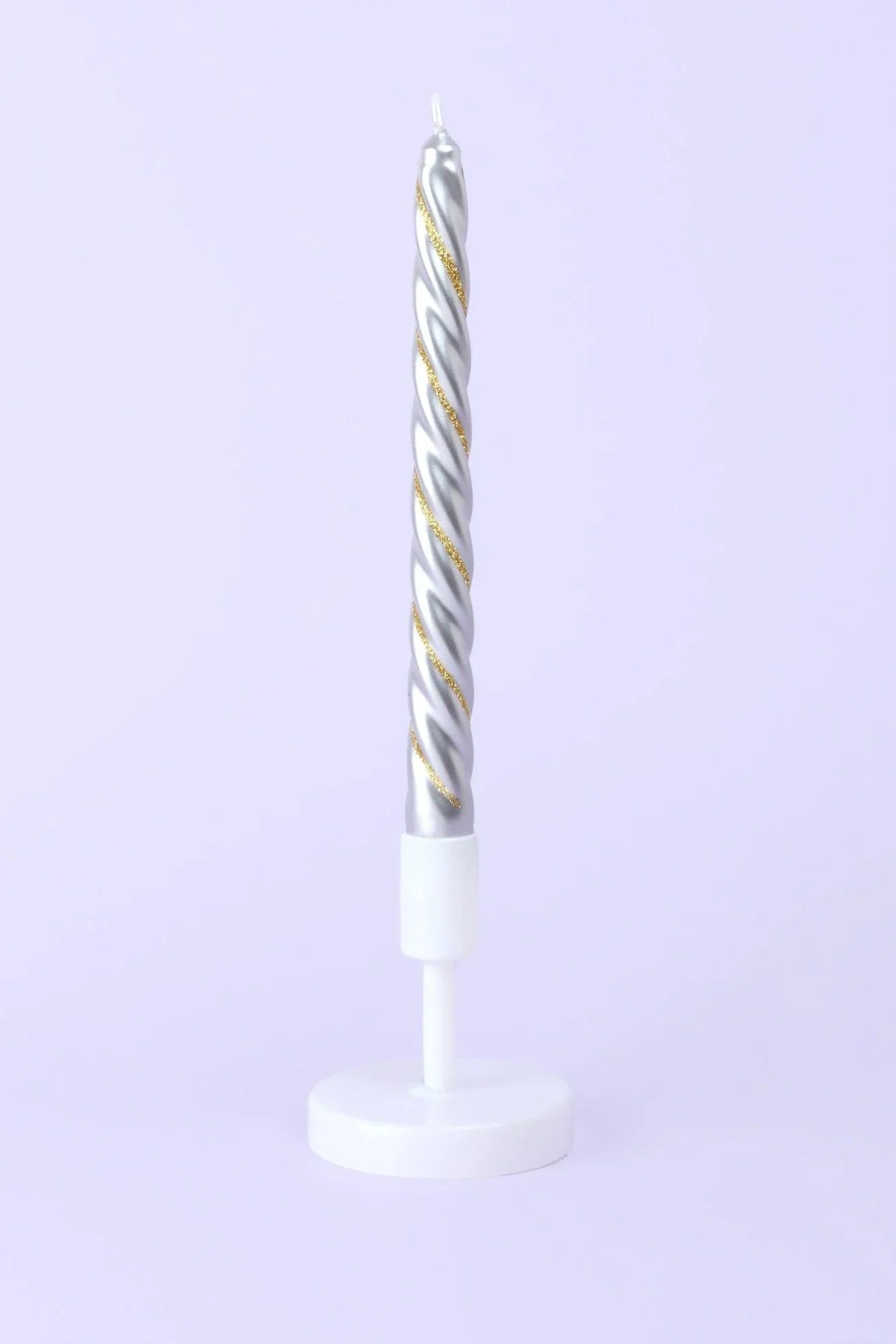 Maison Dorée Pair of Silver and Gold Spiral Glitter Taper Candles — close-up view, G Decor