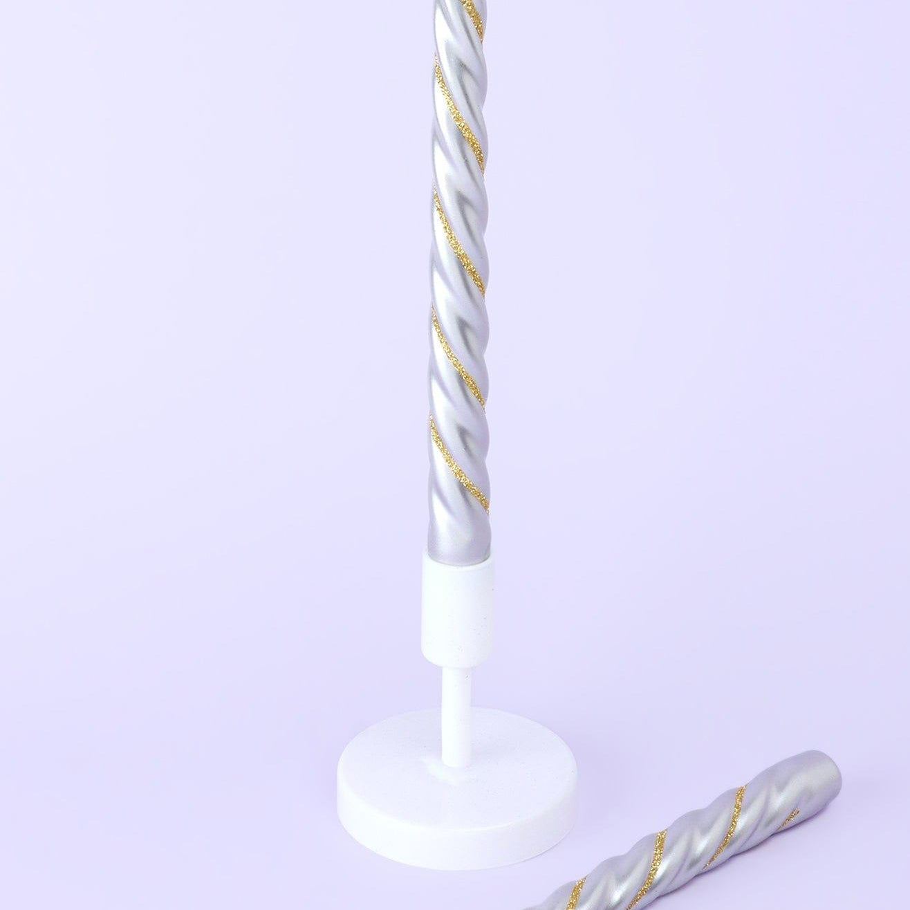 Set of 2 Handmade Maison Dorée Silver & Gold Spiral Glitter Stripe Dinner & Taper Candles - G Decor