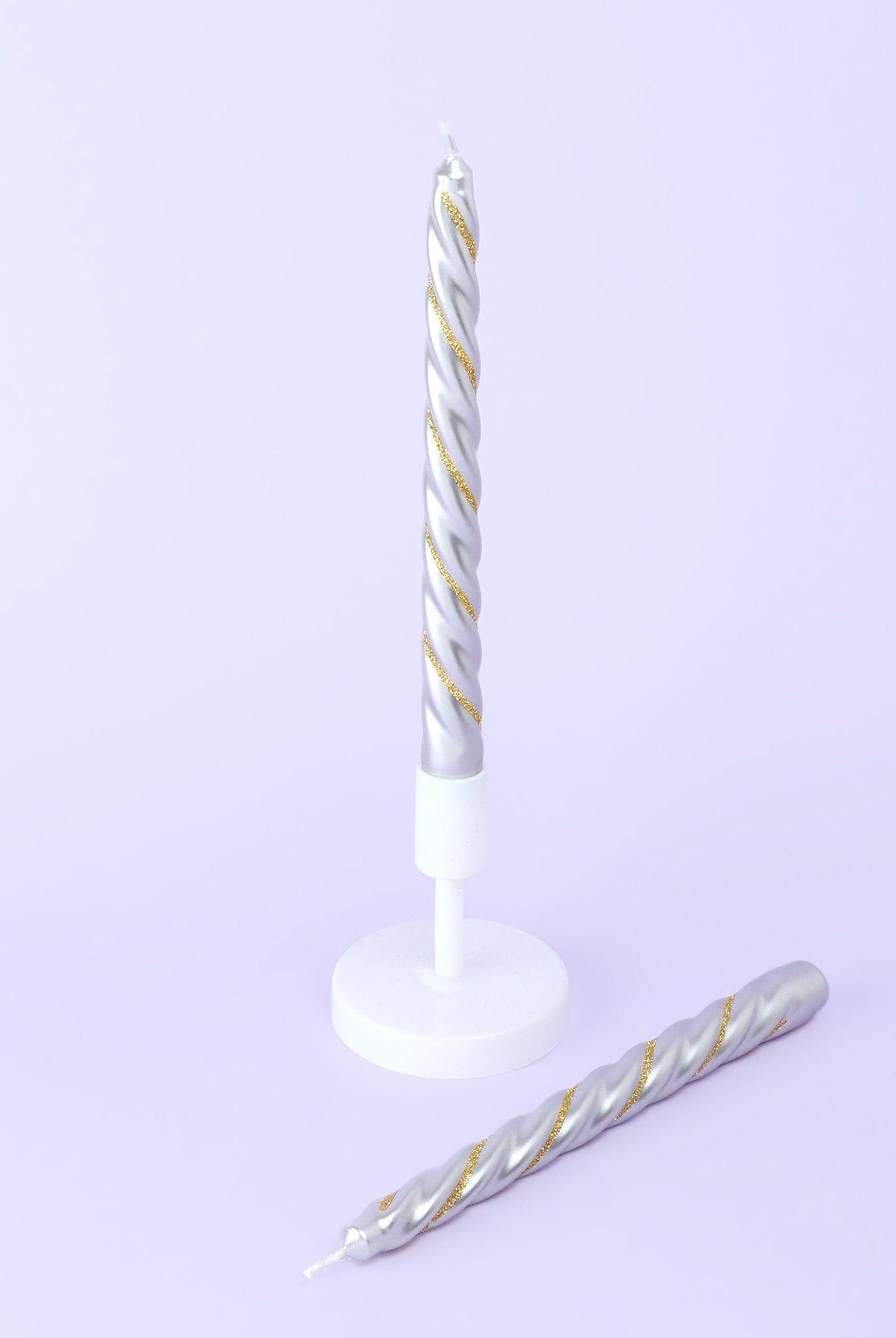 Set of 2 Handmade Maison Dorée Silver & Gold Spiral Glitter Stripe Dinner & Taper Candles - G Decor