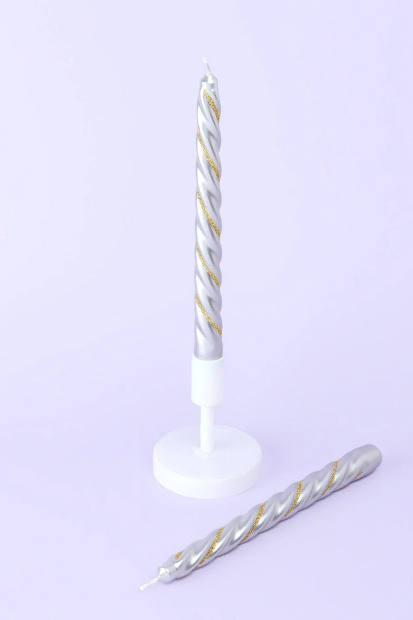 Maison Dorée Pair of Silver and Gold Spiral Glitter Taper Candles
