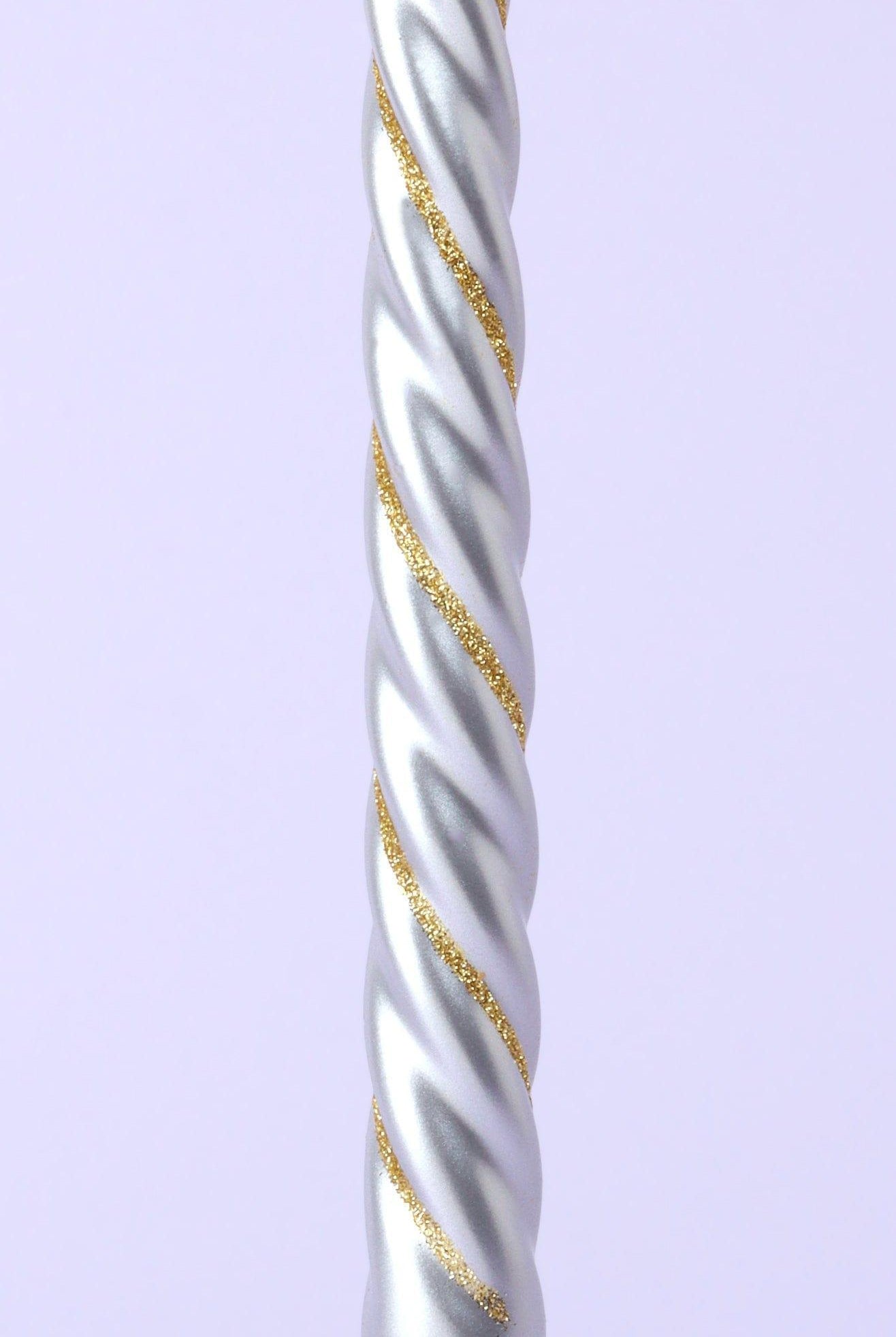Set of 2 Handmade Maison Dorée Silver & Gold Spiral Glitter Stripe Dinner & Taper Candles - G Decor