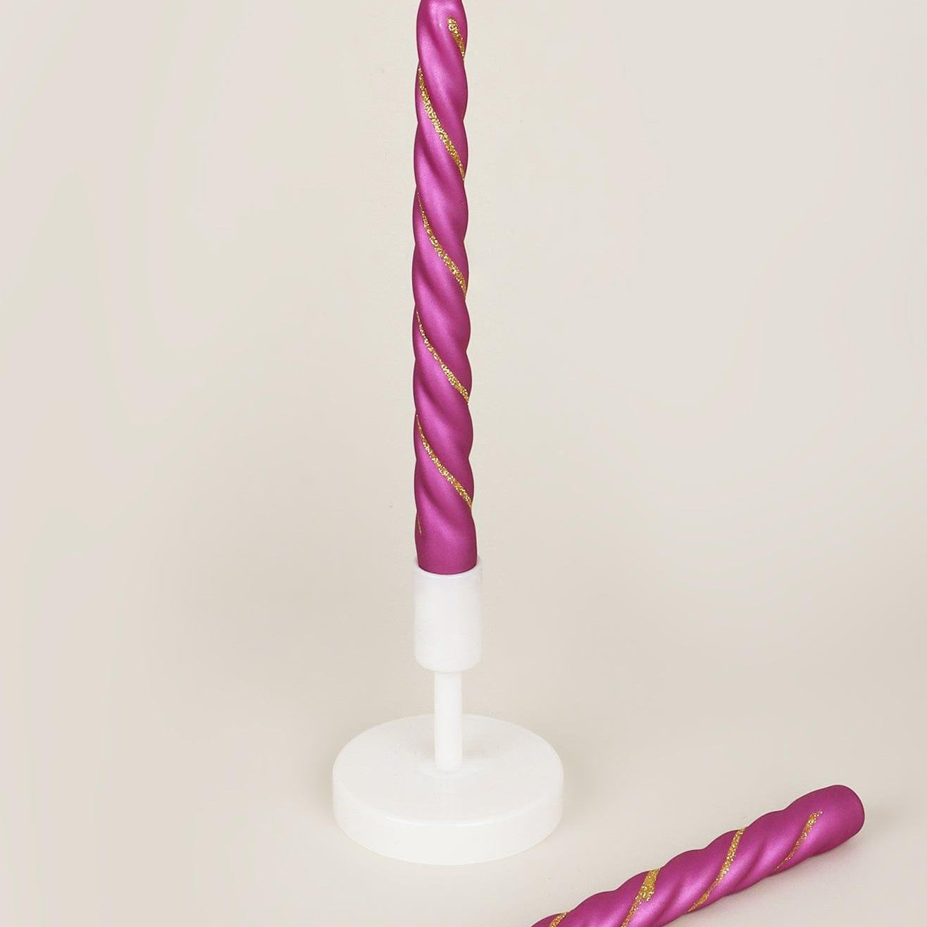 Set of 2 Handmade Maison Dorée Violet Orchid Spiral Glitter Stripe Dinner & Taper Candles - G Decor