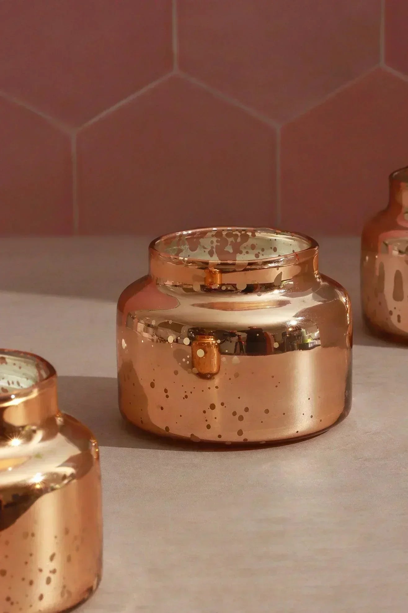 Aurielle Jasmine Soy Wax Jar Candles Set of 3 in Rose Gold — close-up view, G Decor