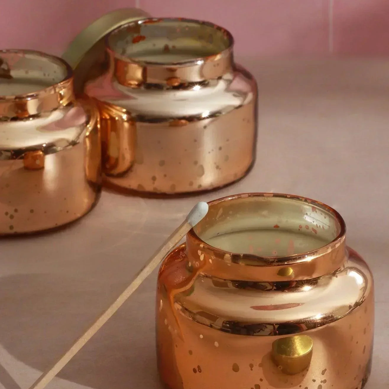 Set of 3 Aurielle Jasmine Fragrance Hand-Poured Soy Wax Jar Candles With Lid Mercury Rose Gold Finish - G Decor