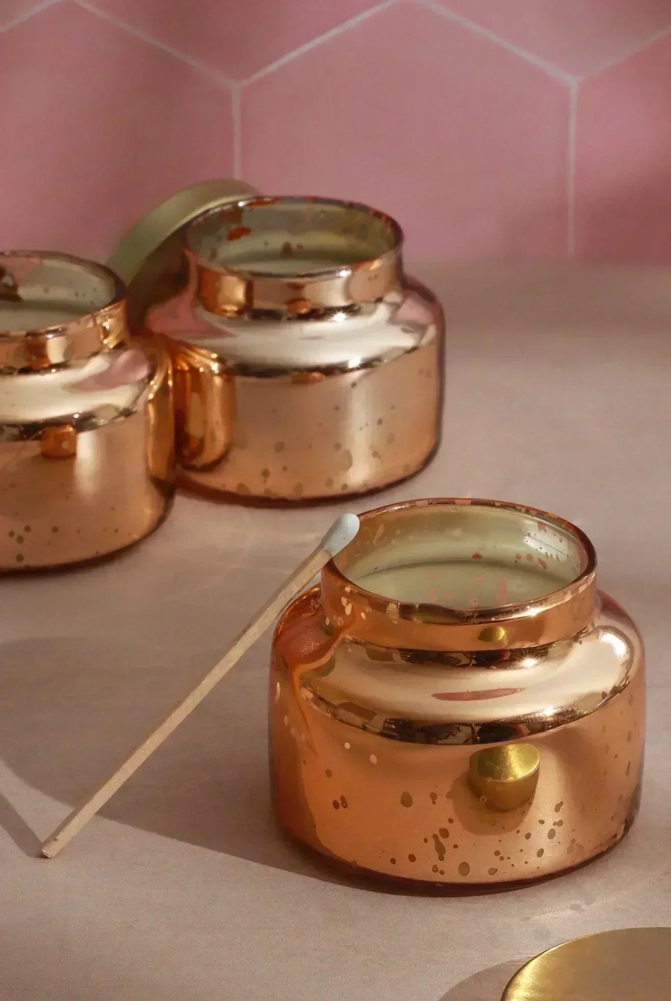Set of 3 Aurielle Jasmine Fragrance Hand-Poured Soy Wax Jar Candles With Lid Mercury Rose Gold Finish - G Decor