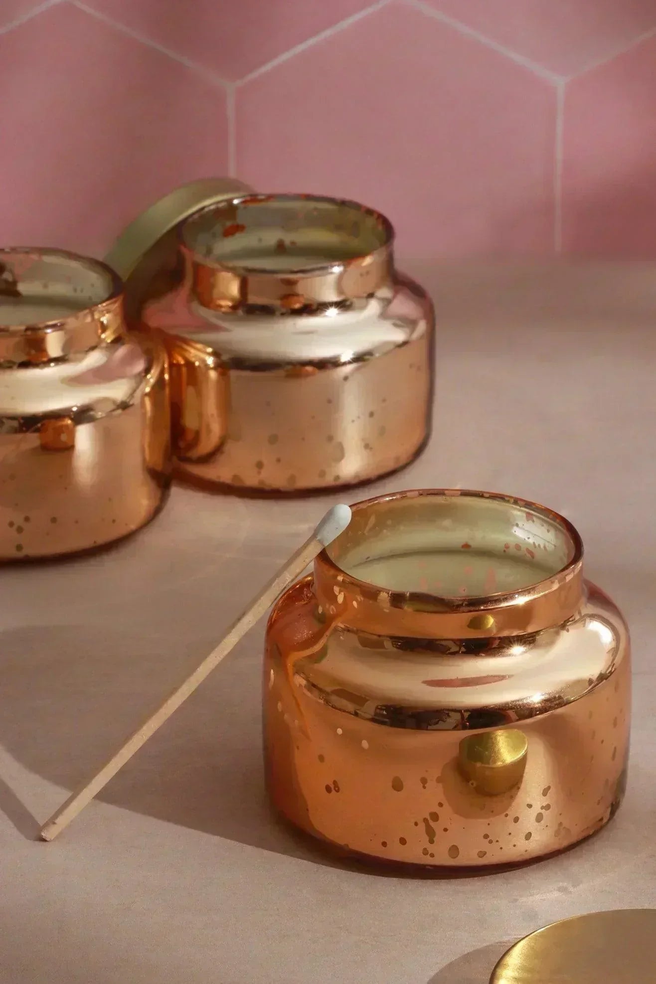 Set of 3 Aurielle Jasmine Fragrance Hand-Poured Soy Wax Jar Candles With Lid Mercury Rose Gold Finish - G Decor