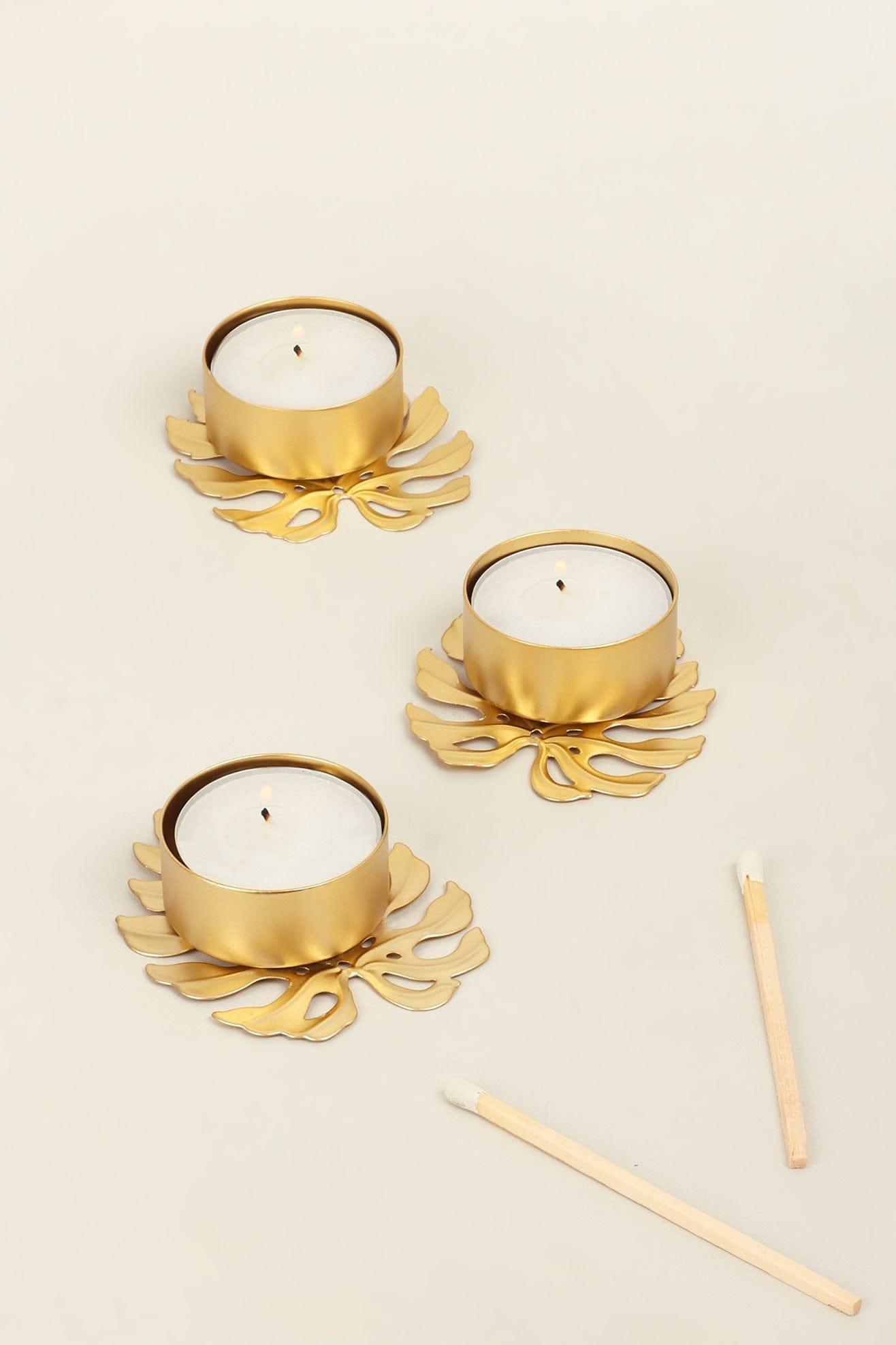 G Decor Candles & Candle Holders Gold Set of 3 Gold Palm Leaf Tea Light Holders