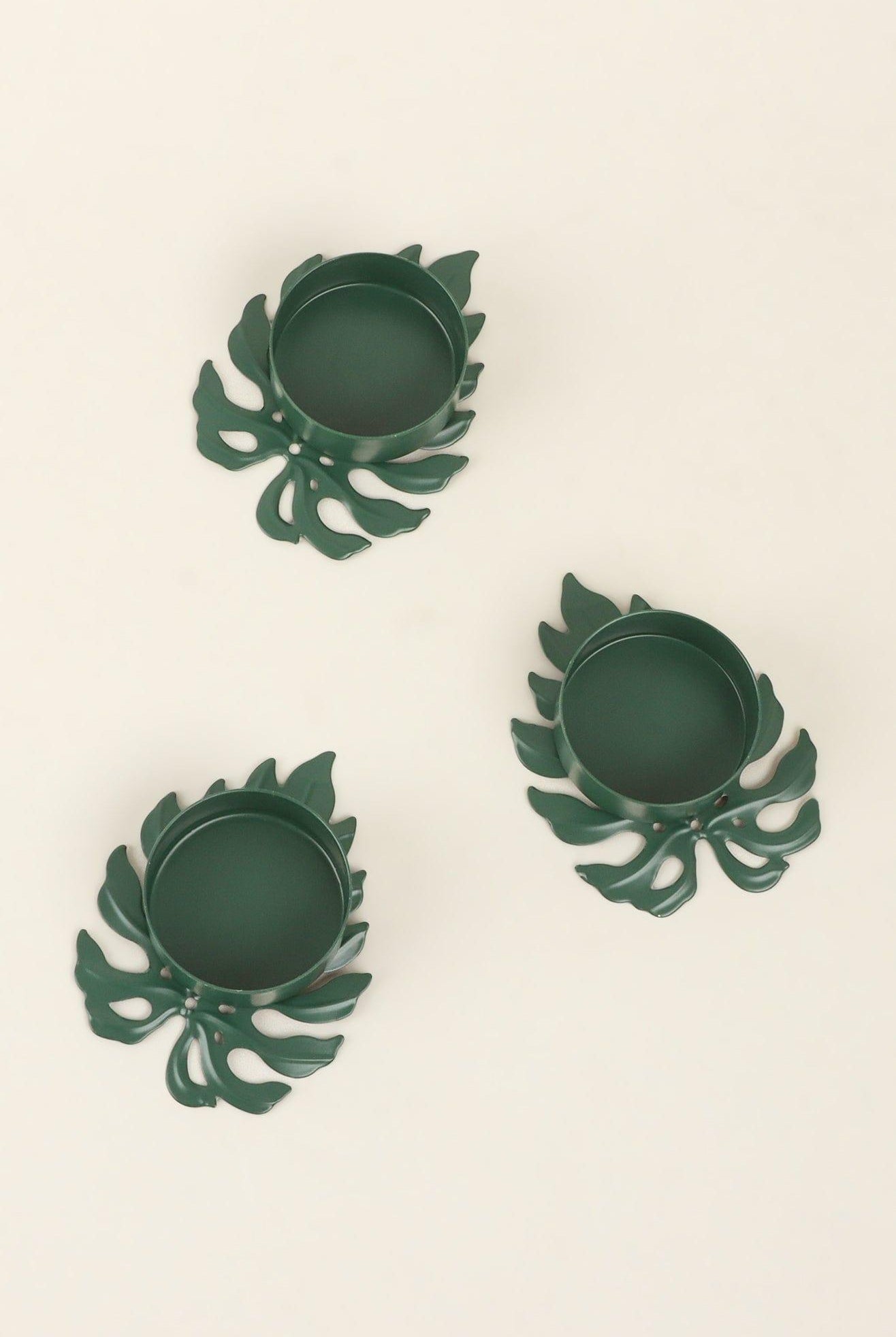 Set of 3 Green Palm Leaf Tea Light Holders - G Decor