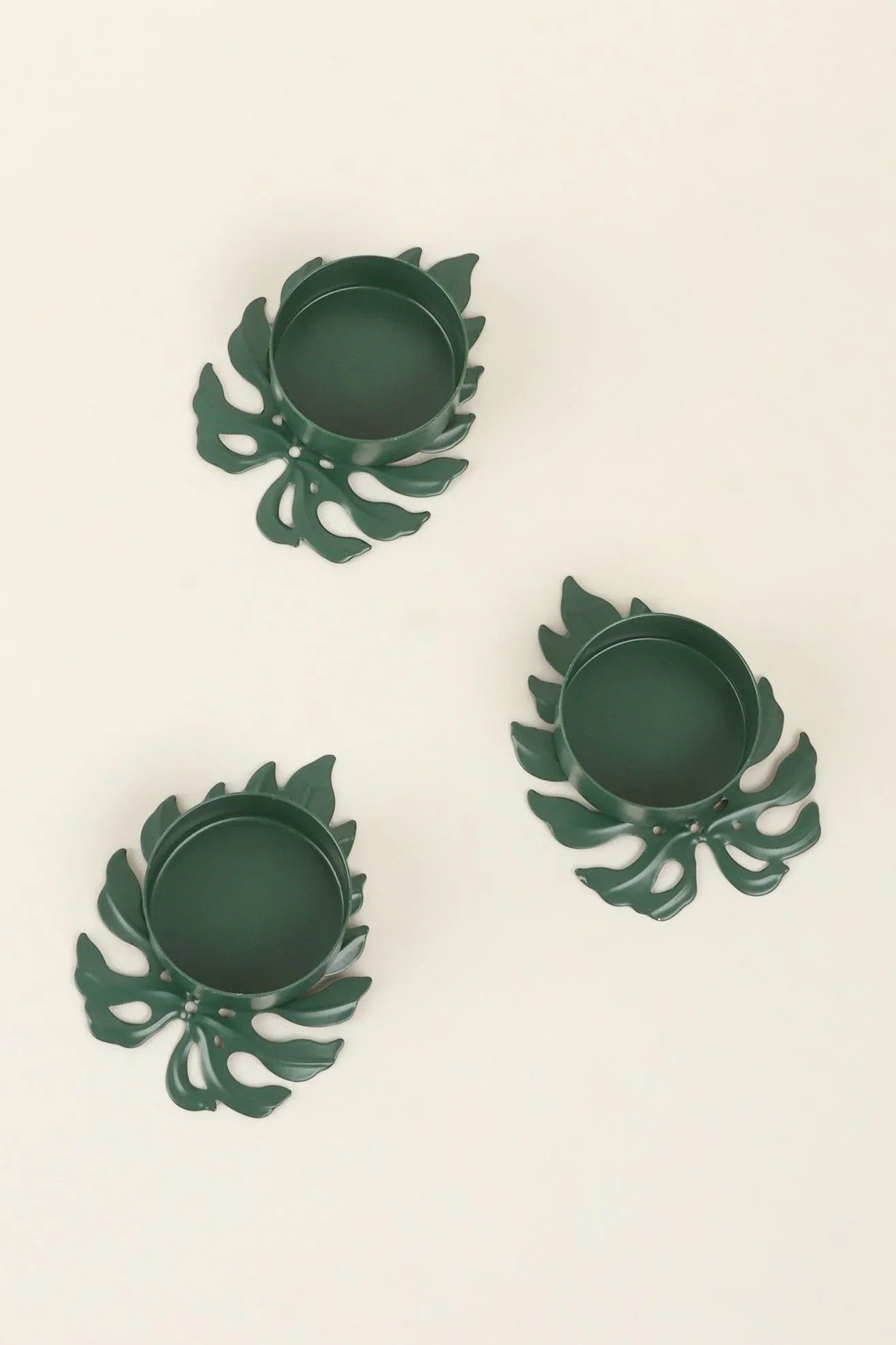 Set of 3 Green Leaf Tealight Holders in Deep Forest Green — close-up view, G Decor