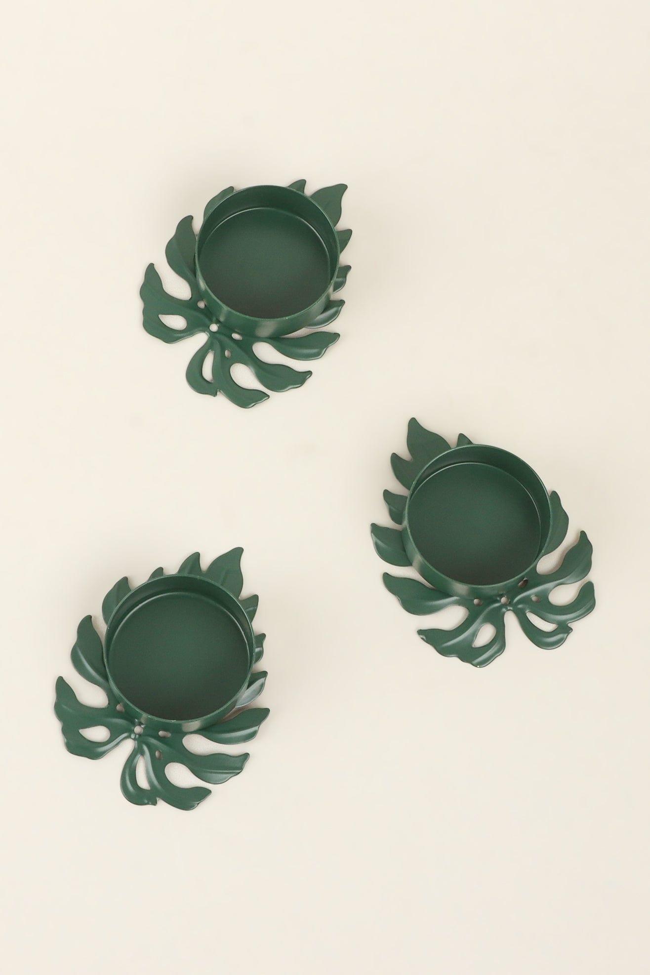Set of 3 Green Palm Leaf Tea Light Holders - G Decor