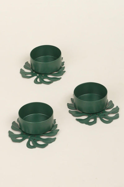 G Decor Candles & Candle Holders Green Set of 3 Green Palm Leaf Tea Light Holders