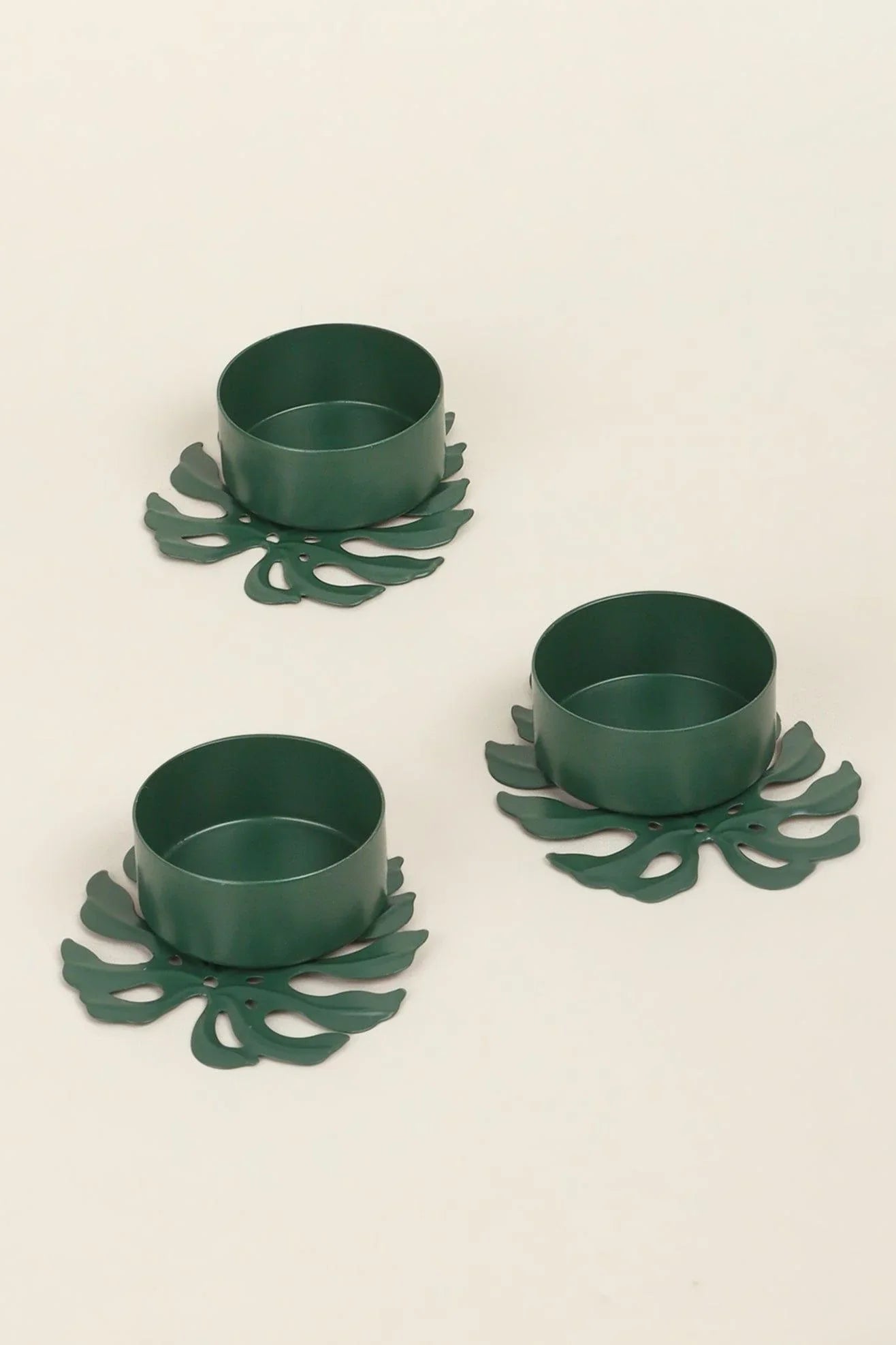 Set of 3 Green Leaf Tealight Holders in Deep Forest Green — alternate view, G Decor