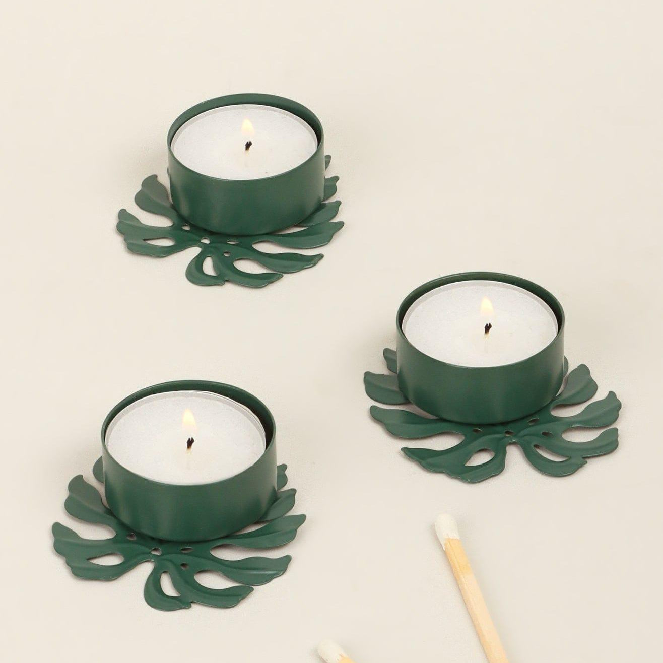 Set of 3 Green Palm Leaf Tea Light Holders - G Decor