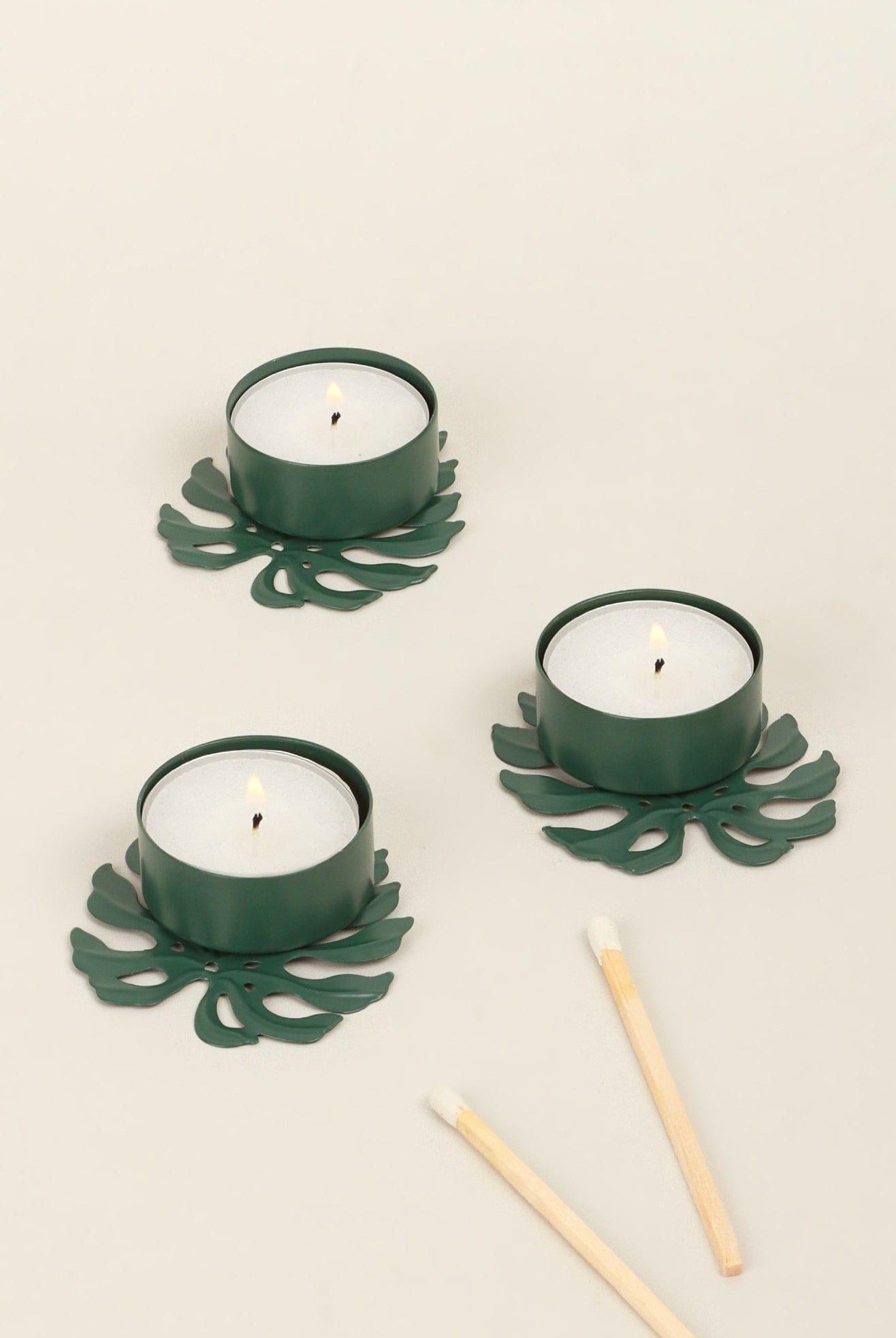 Set of 3 Green Palm Leaf Tea Light Holders - G Decor