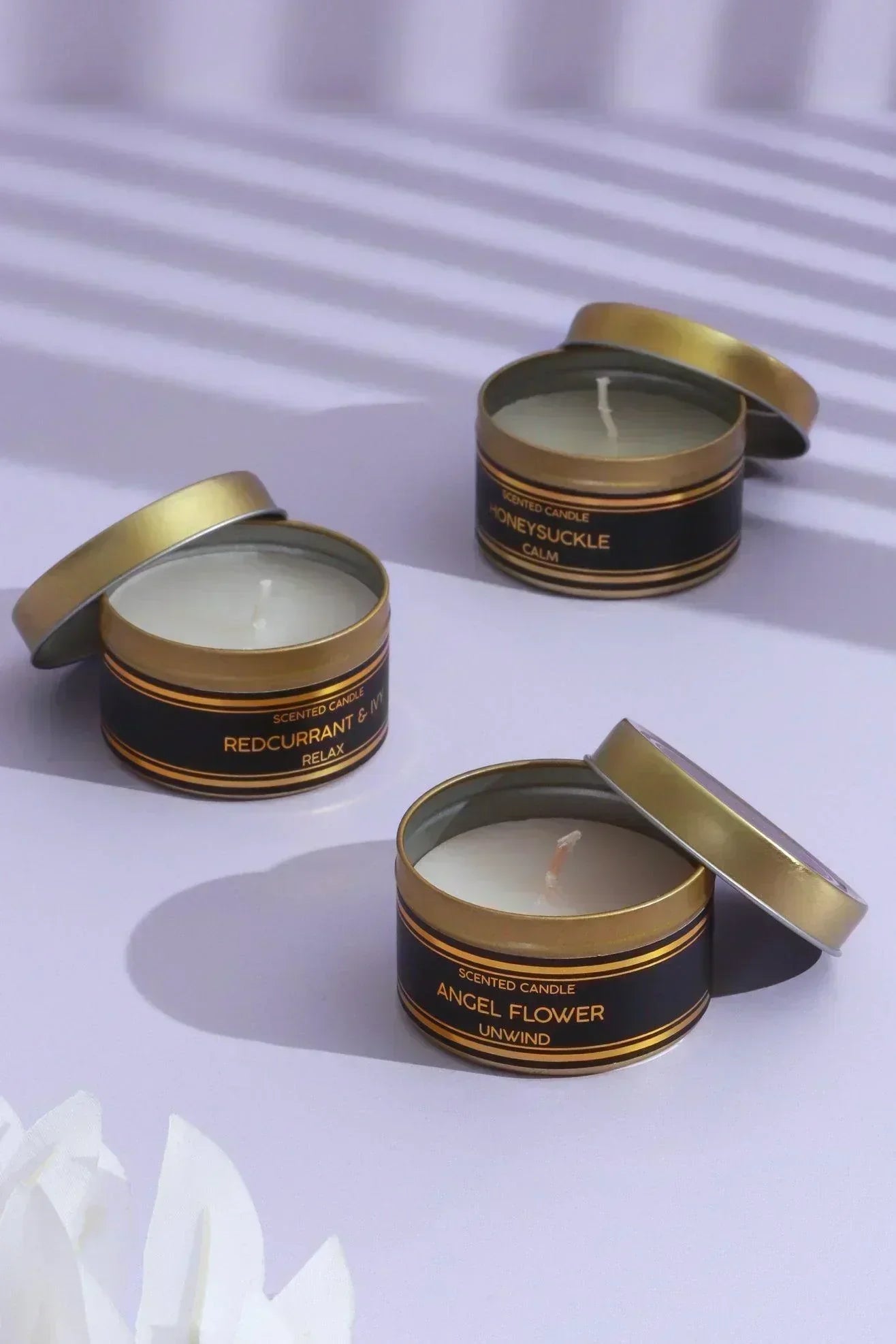 Set of 3 Scented Black Tin Candles, Angel Flower, Honeysuckle & Redcurrant Ivy, Relax, Unwind & Calm Collection - G Decor