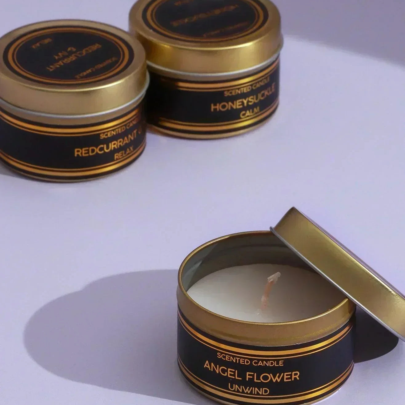 Set of 3 Scented Black Tin Candles, Angel Flower, Honeysuckle & Redcurrant Ivy, Relax, Unwind & Calm Collection - G Decor