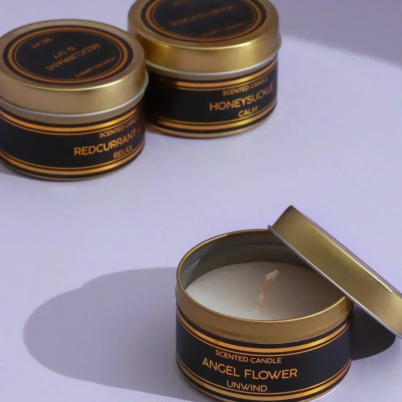 Set of 3 Scented Black Tin Candles, Angel Flower, Honeysuckle & Redcurrant Ivy, Relax, Unwind & Calm Collection - G Decor