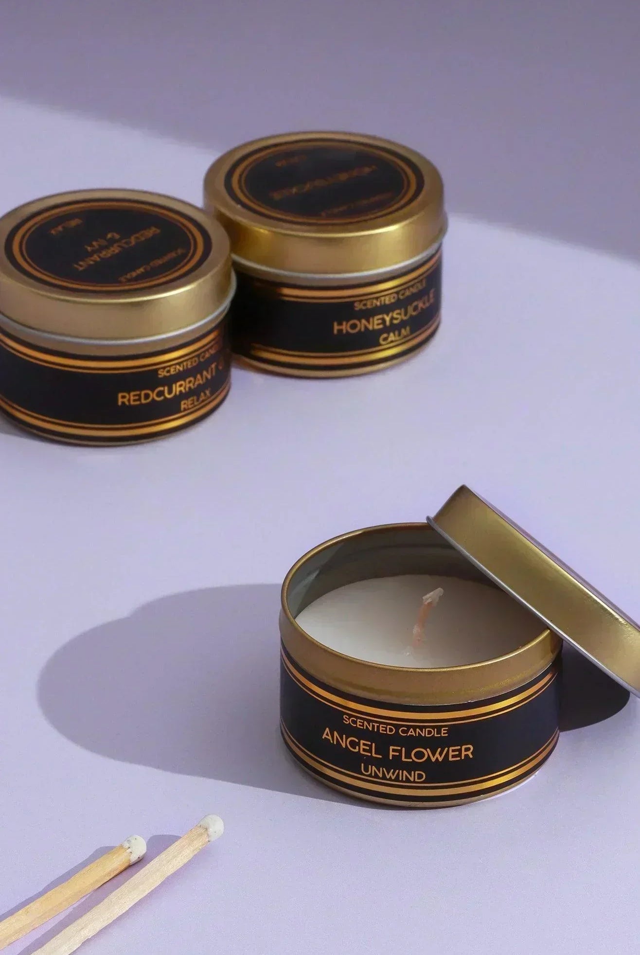 Set of 3 Scented Black Tin Candles, Angel Flower, Honeysuckle & Redcurrant Ivy, Relax, Unwind & Calm Collection - G Decor