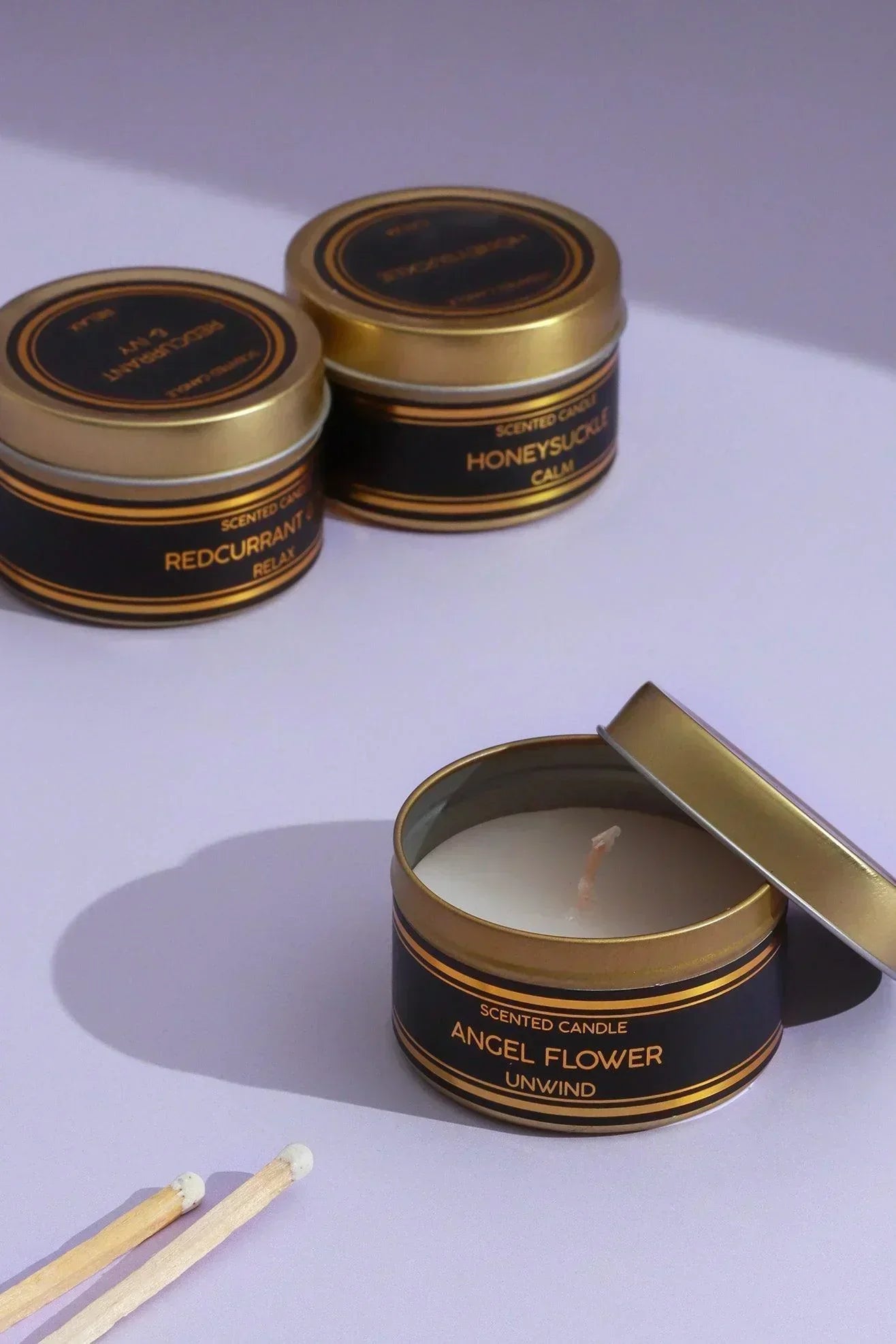 Set of 3 Scented Black Tin Candles, Angel Flower, Honeysuckle & Redcurrant Ivy, Relax, Unwind & Calm Collection - G Decor