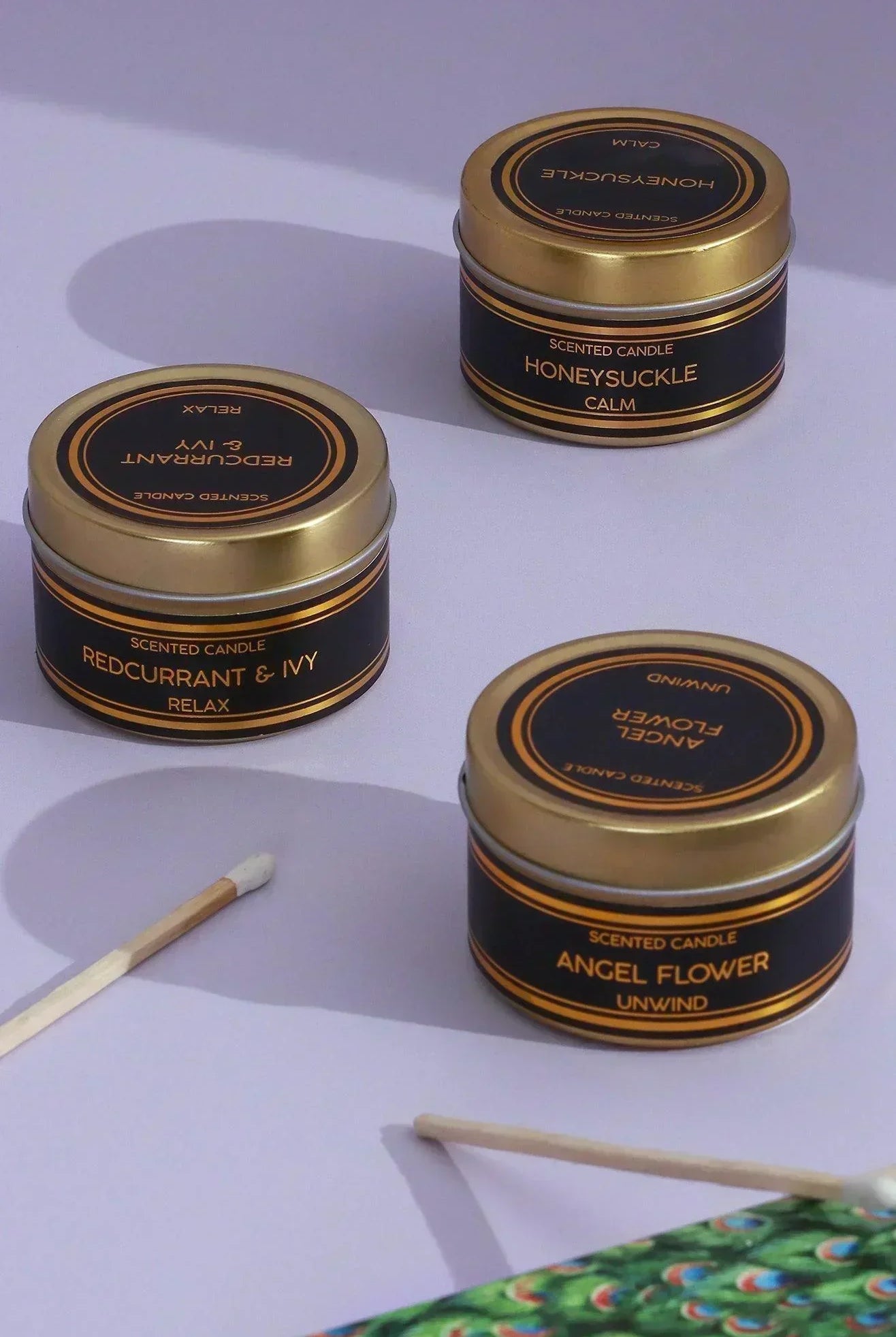 Set of 3 Scented Black Tin Candles, Angel Flower, Honeysuckle & Redcurrant Ivy, Relax, Unwind & Calm Collection - G Decor