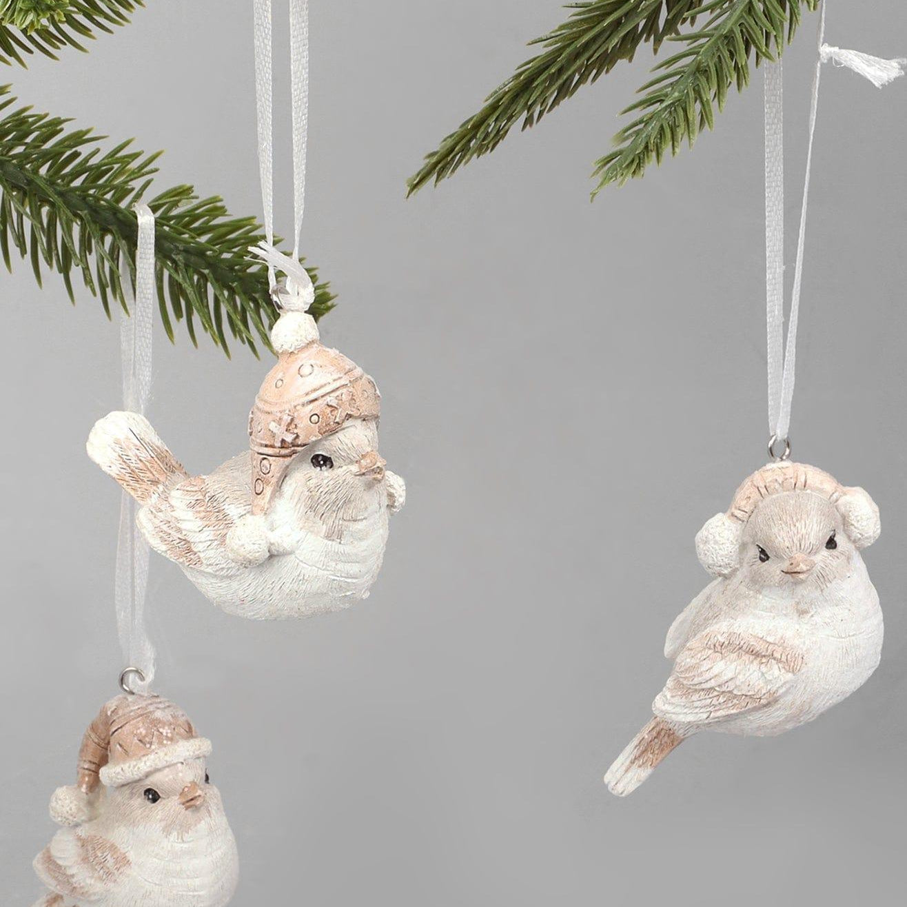 Set of 3 Winter Feathered Trio Christmas Tree Decorations Birds with Cosy Hats & Earmuffs - G Decor