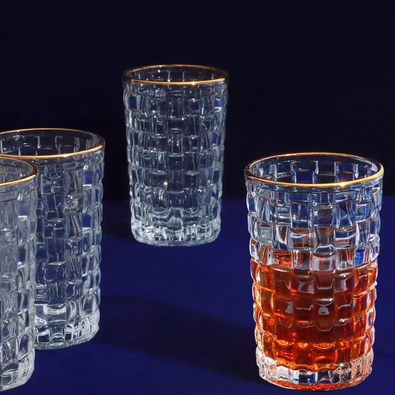 Set of 4 Dante Vintage Textured Highball Glasses Elegant Drinkware With Gold Rim - G Decor
