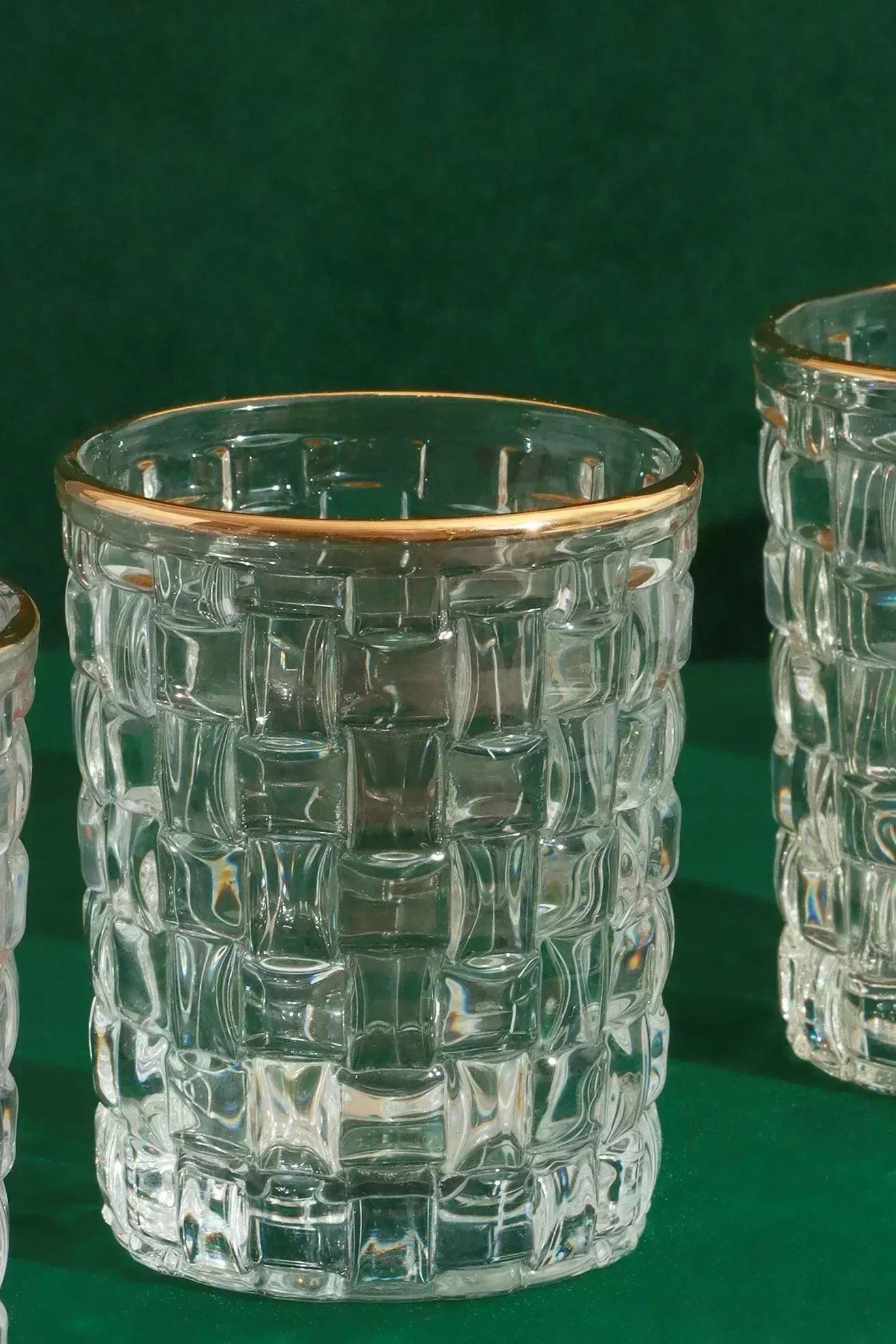 Dante Vintage Textured Tumbler Glasses with Gold Rim Set of 4 — close-up view, G Decor