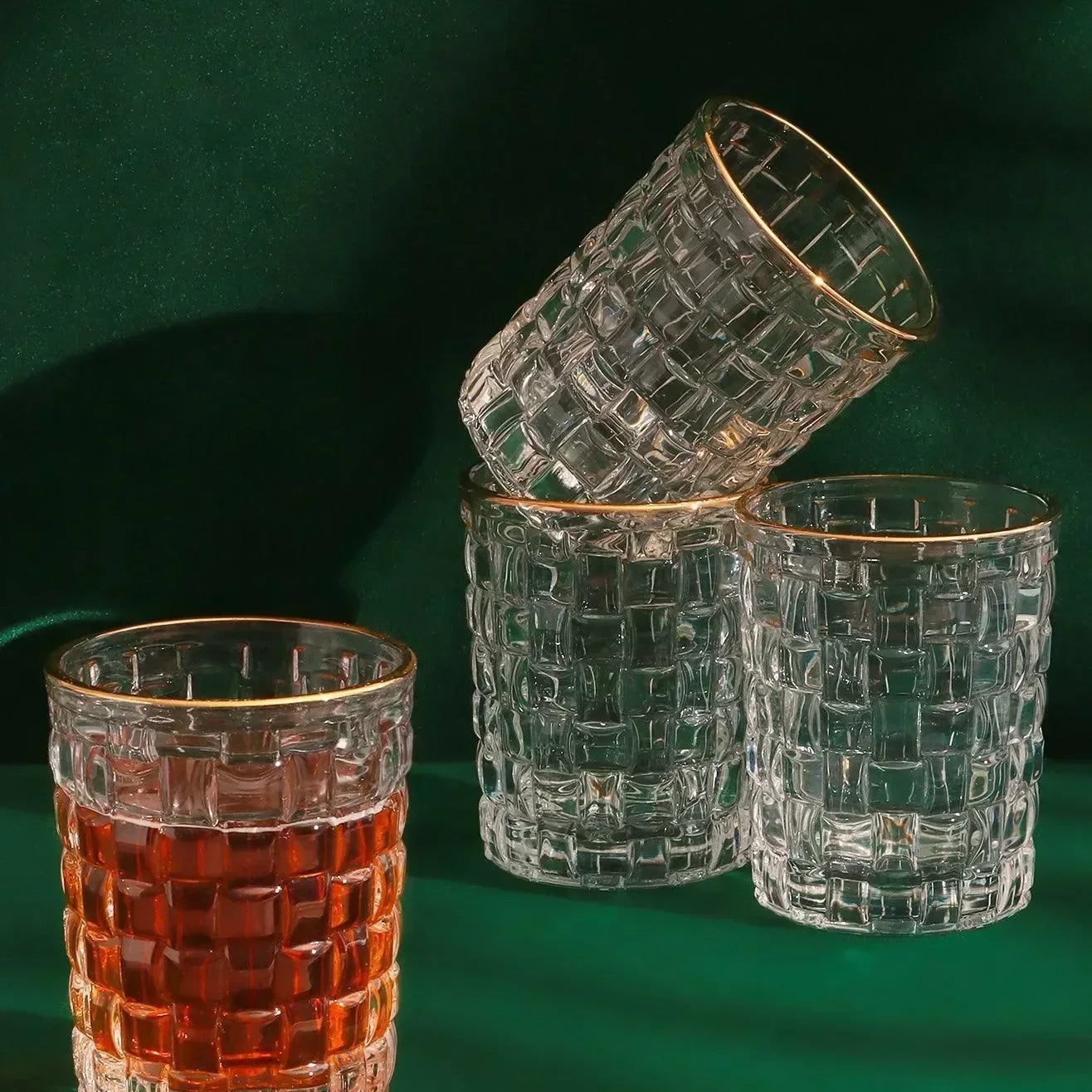 Set of 4 Dante Vintage Textured Tumbler Glasses Elegant Drinkware With Gold Rim - G Decor