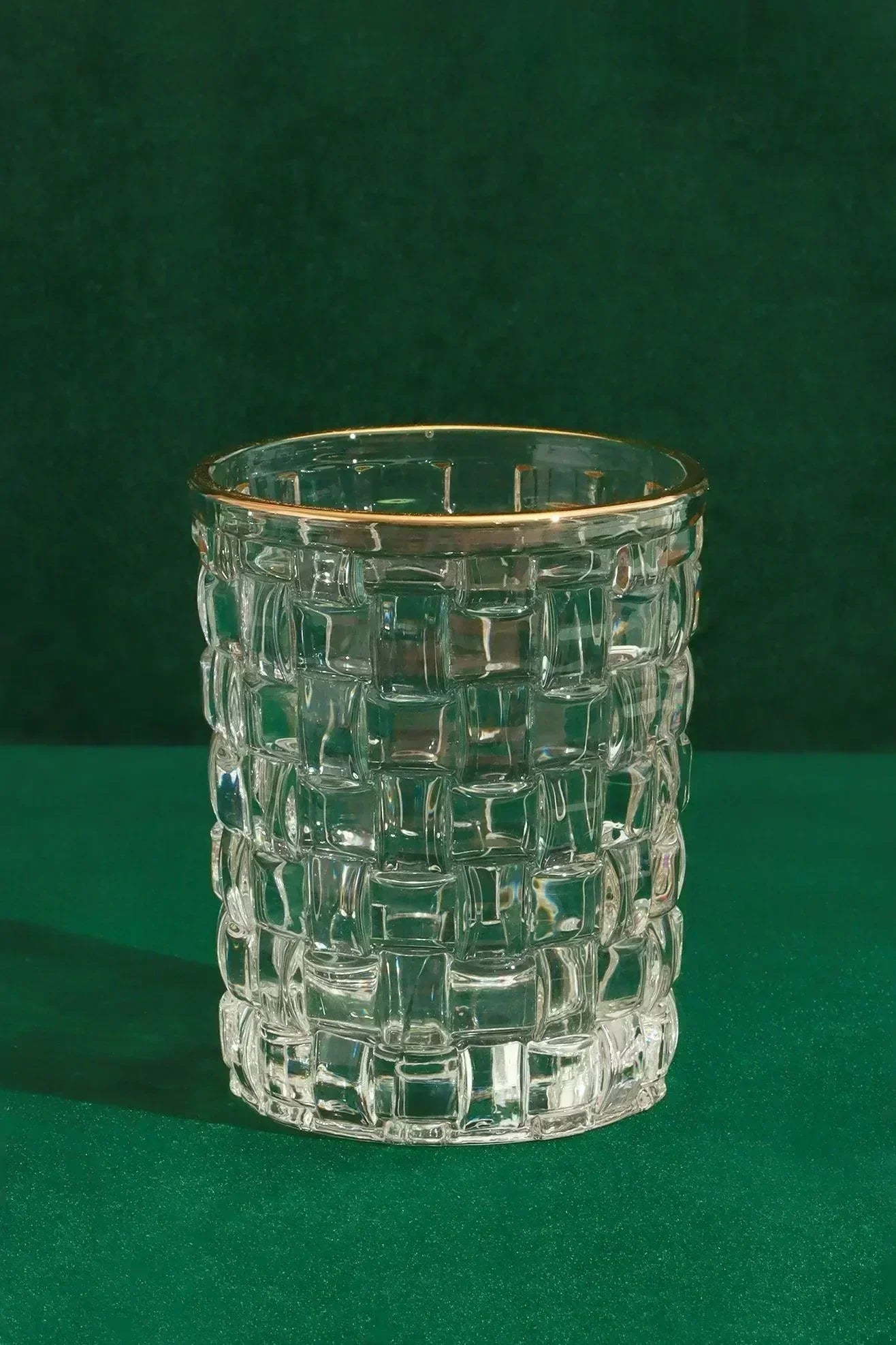 Dante Vintage Textured Tumbler Glasses with Gold Rim Set of 4 — lifestyle view, G Decor