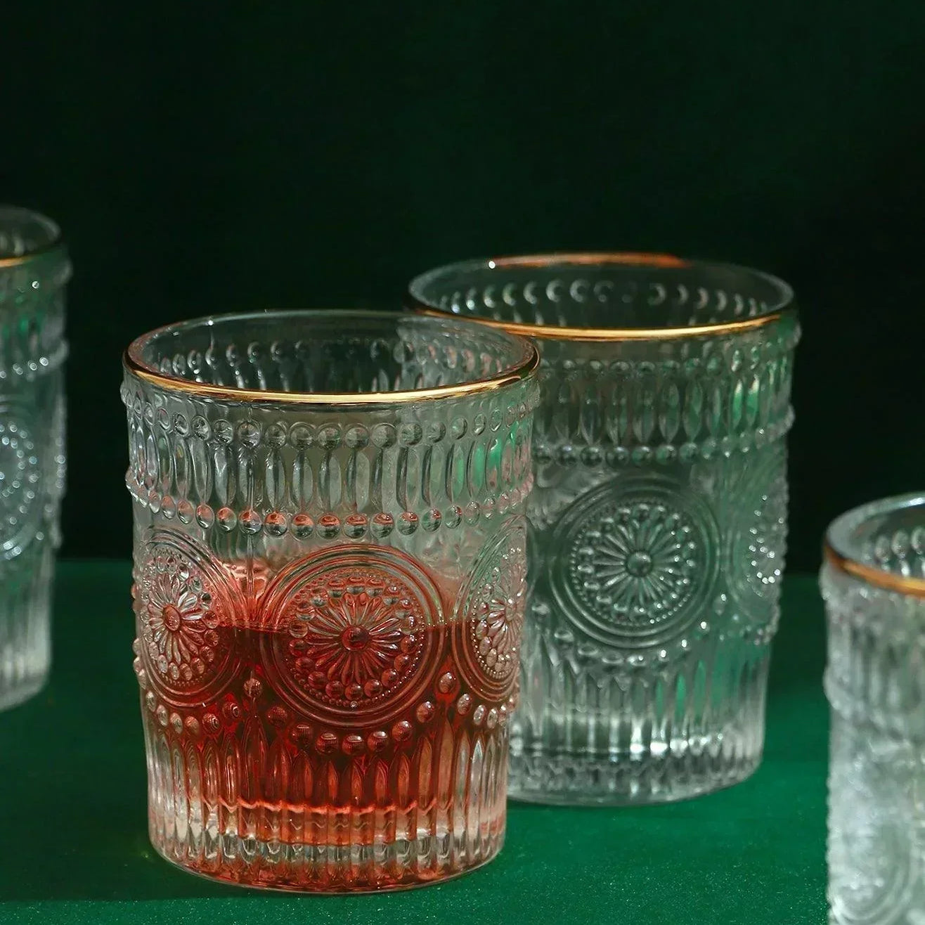 Set of 4 Dario Vintage Sunflower Embossed Tumbler Glasses With Gold Rim - G Decor