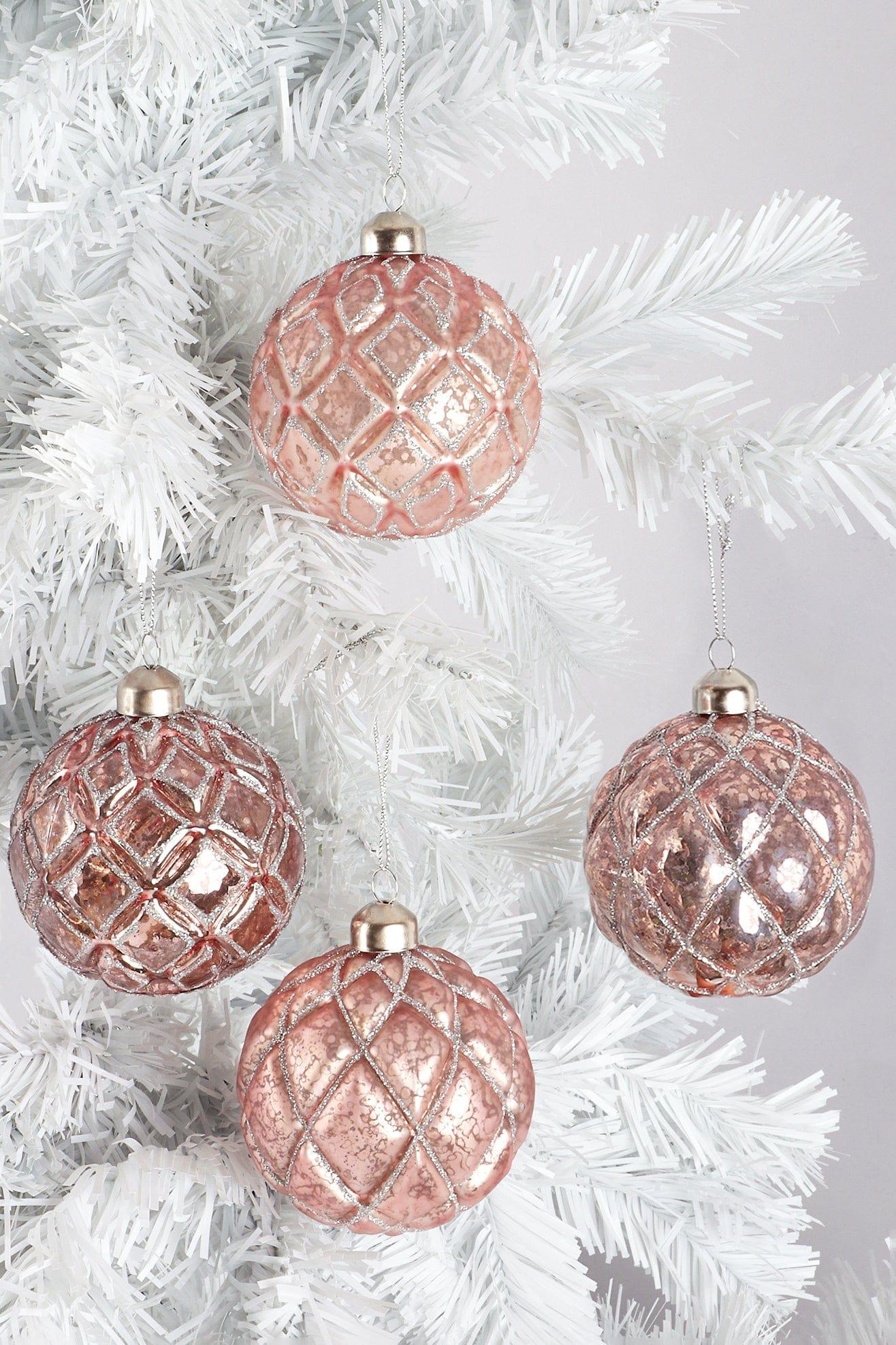 Set of 4 Hand-Painted Glass Blush Pink Mercury Effect Baubles Antique Rose Pink Christmas Tree Decorations with Silver Glitter Pattern - G Decor