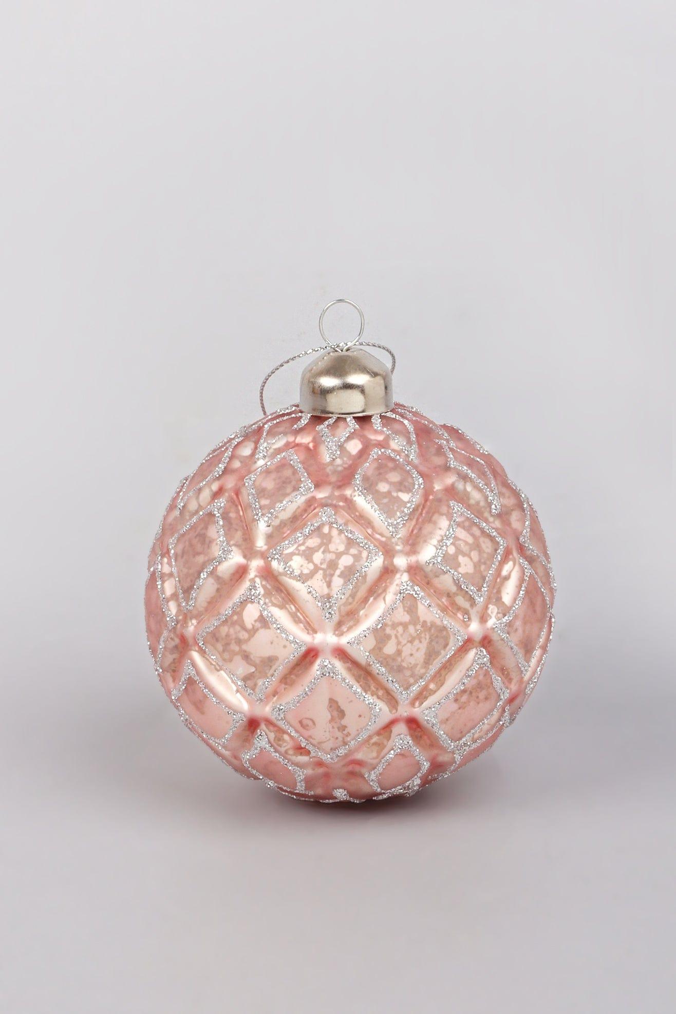 Set of 4 Hand-Painted Glass Blush Pink Mercury Effect Baubles Antique Rose Pink Christmas Tree Decorations with Silver Glitter Pattern - G Decor