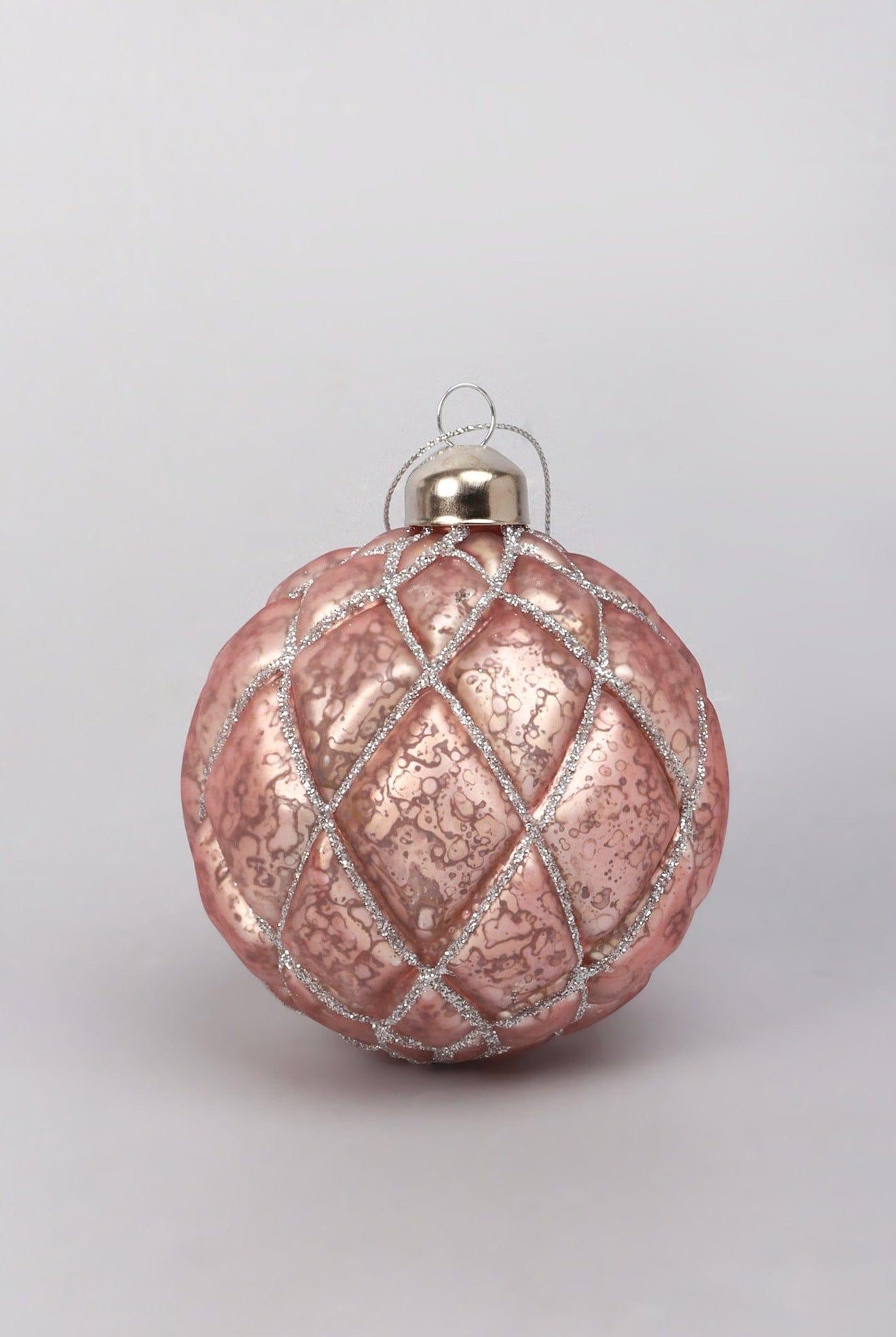 Set of 4 Hand-Painted Glass Blush Pink Mercury Effect Baubles Antique Rose Pink Christmas Tree Decorations with Silver Glitter Pattern - G Decor