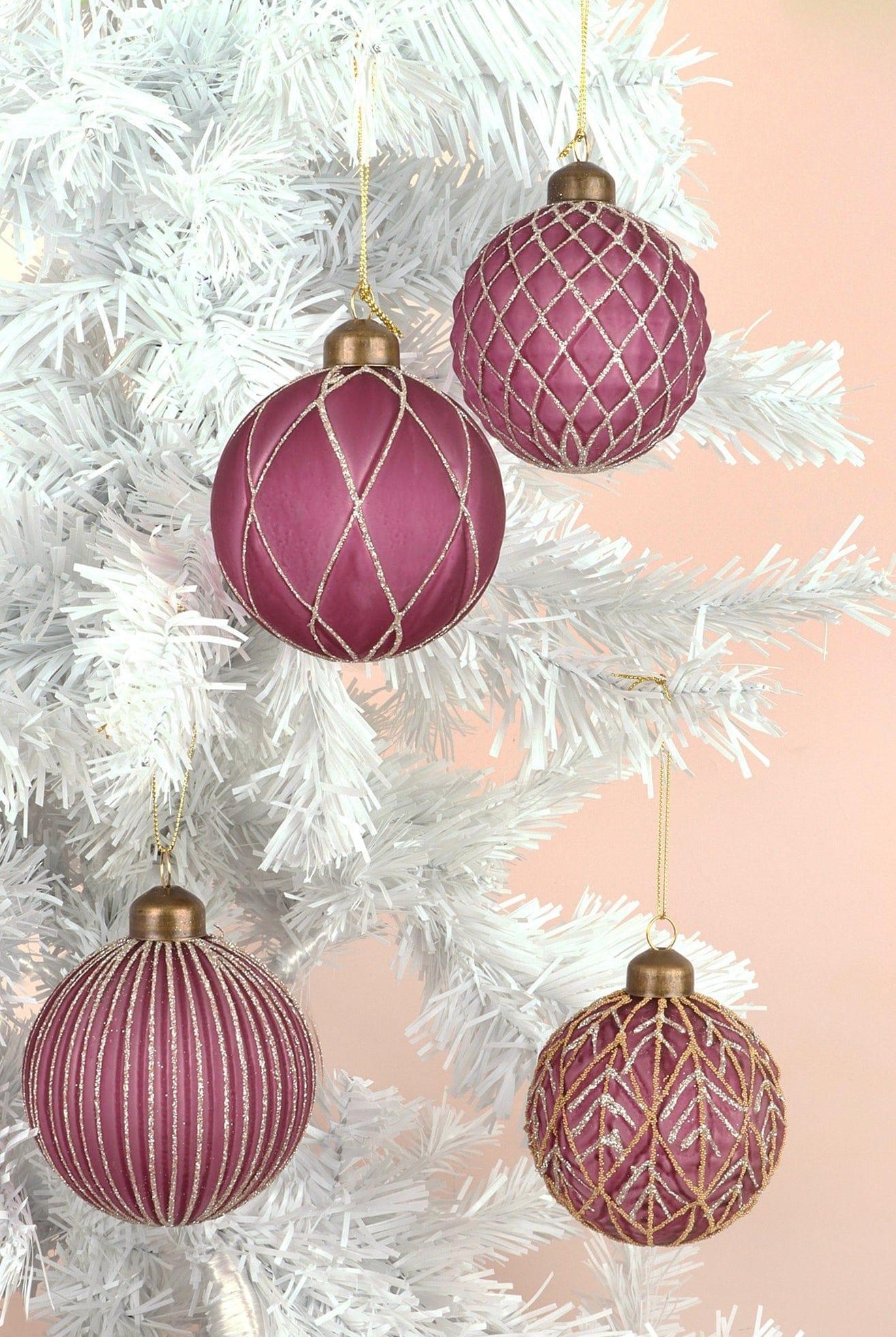 Set of 4 Hand-Painted Glass Rich Pink Plum Glass Christmas Tree Baubles with Gold and Silver Glitter Hanging Ornaments - G Decor