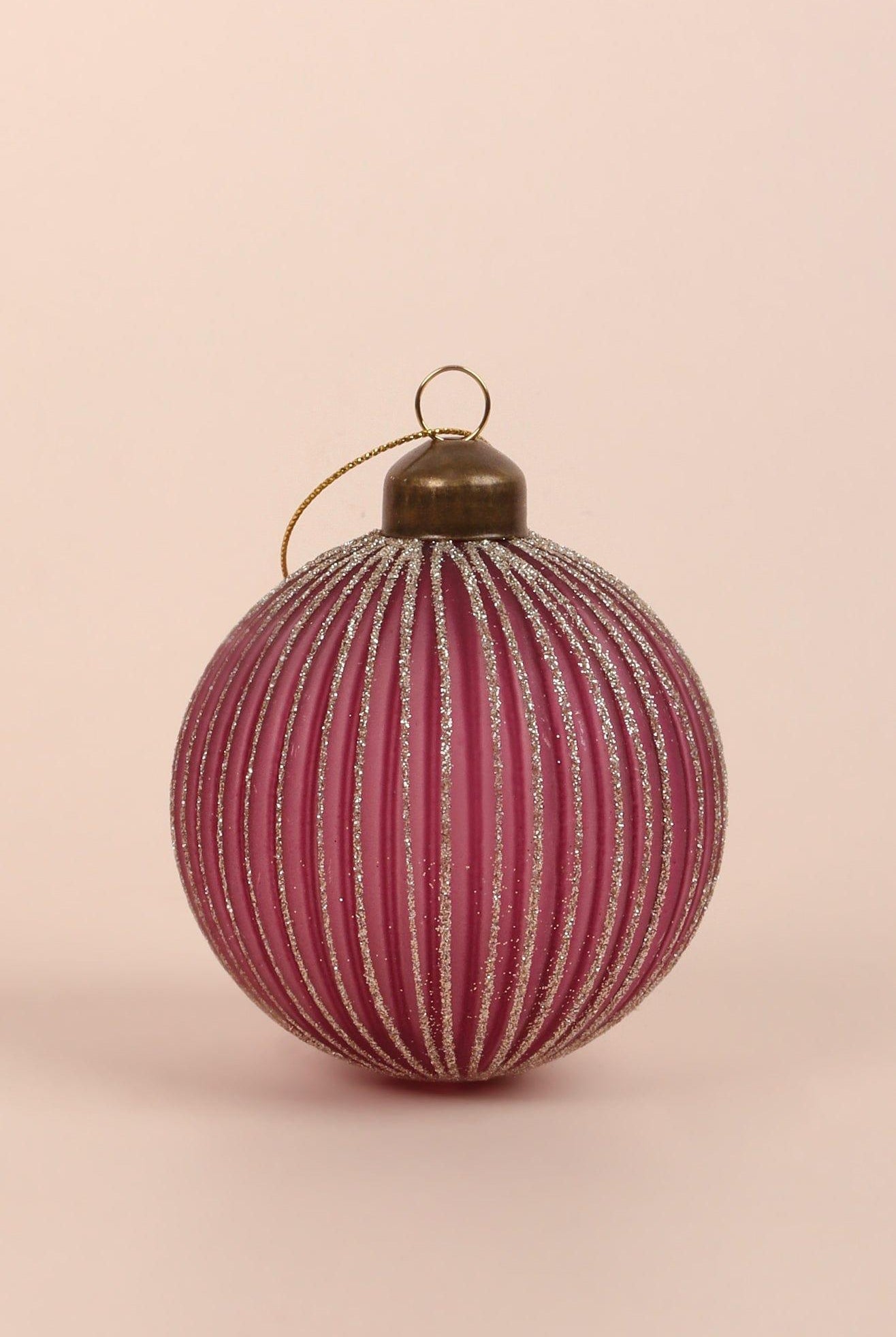 Set of 4 Hand-Painted Glass Rich Pink Plum Glass Christmas Tree Baubles with Gold and Silver Glitter Hanging Ornaments - G Decor