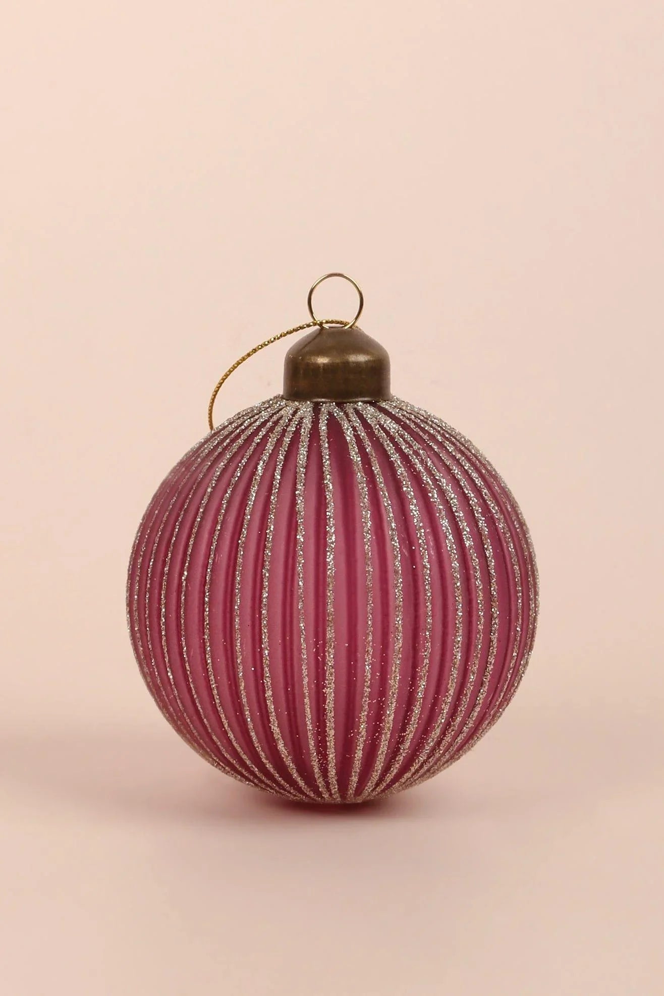 Set of 4 Pink Plum Glass Christmas Baubles with Gold and Silver Glitter — view 6, G Decor